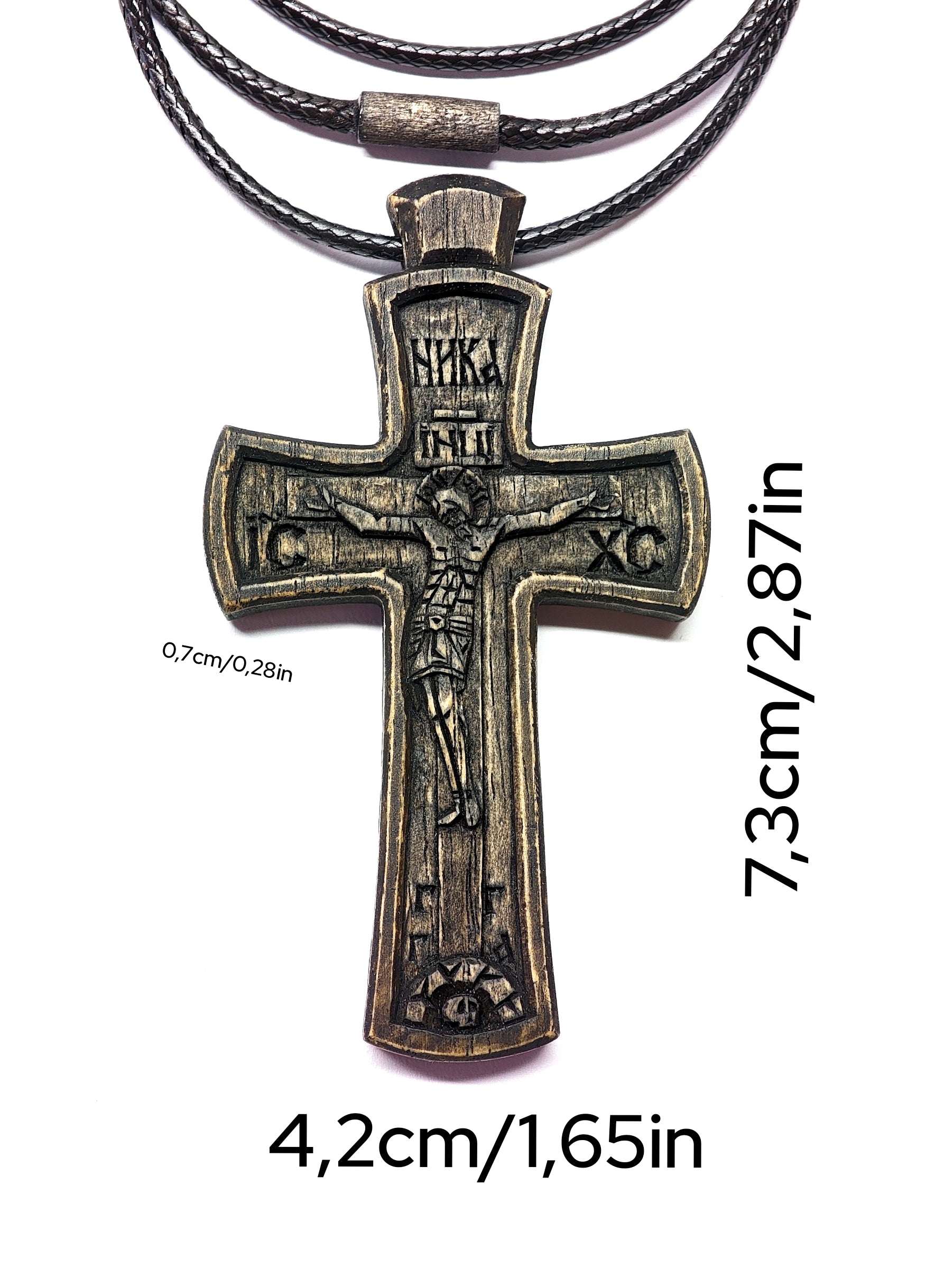 Hand-Carved Walnut Wood Cross  – Orthodox Christian Cross, INRI & NIKA, “Save and Protect” Engraving