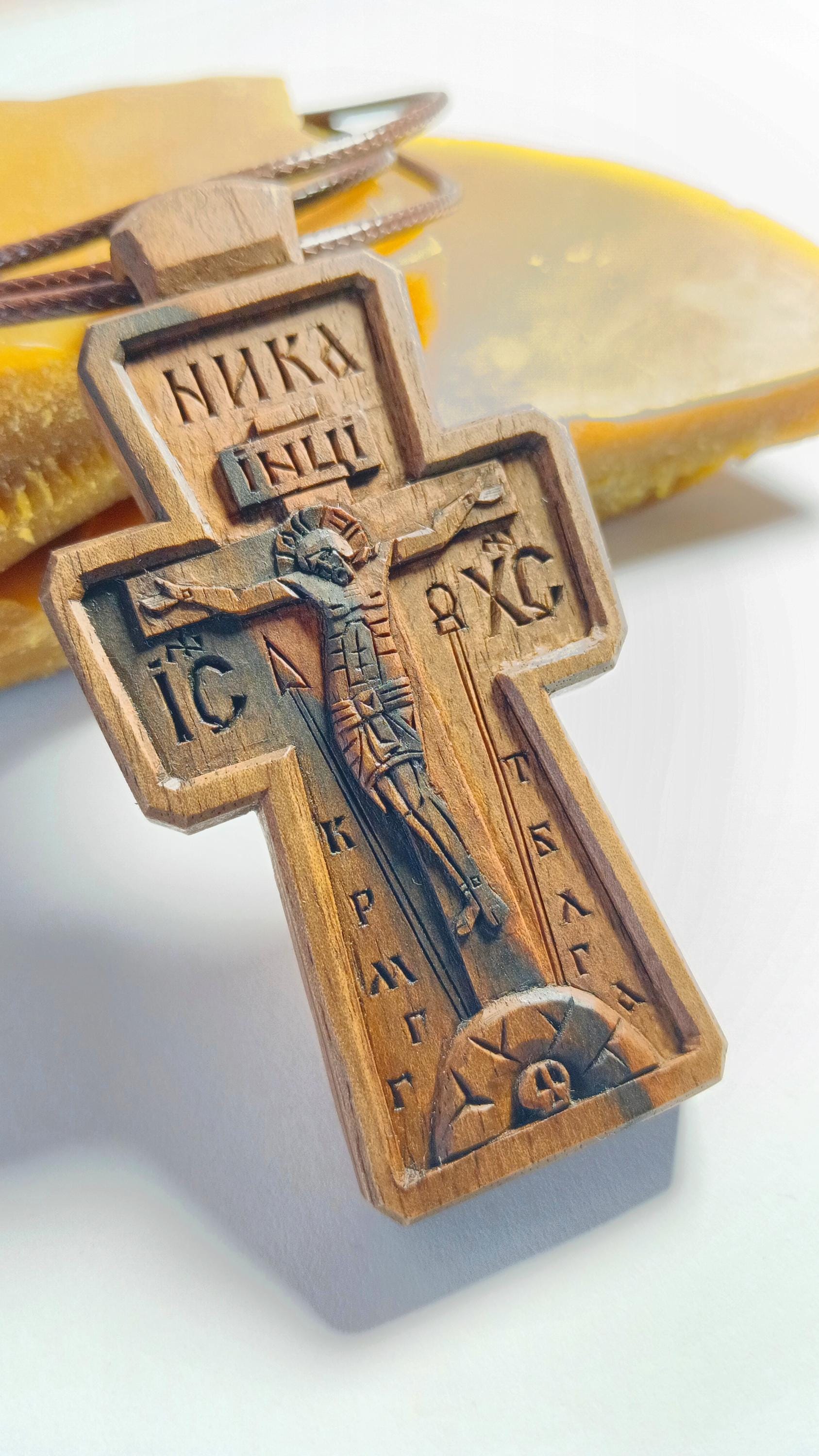 Handmade Walnut Wood Pectoral Cross, Christian Necklace
