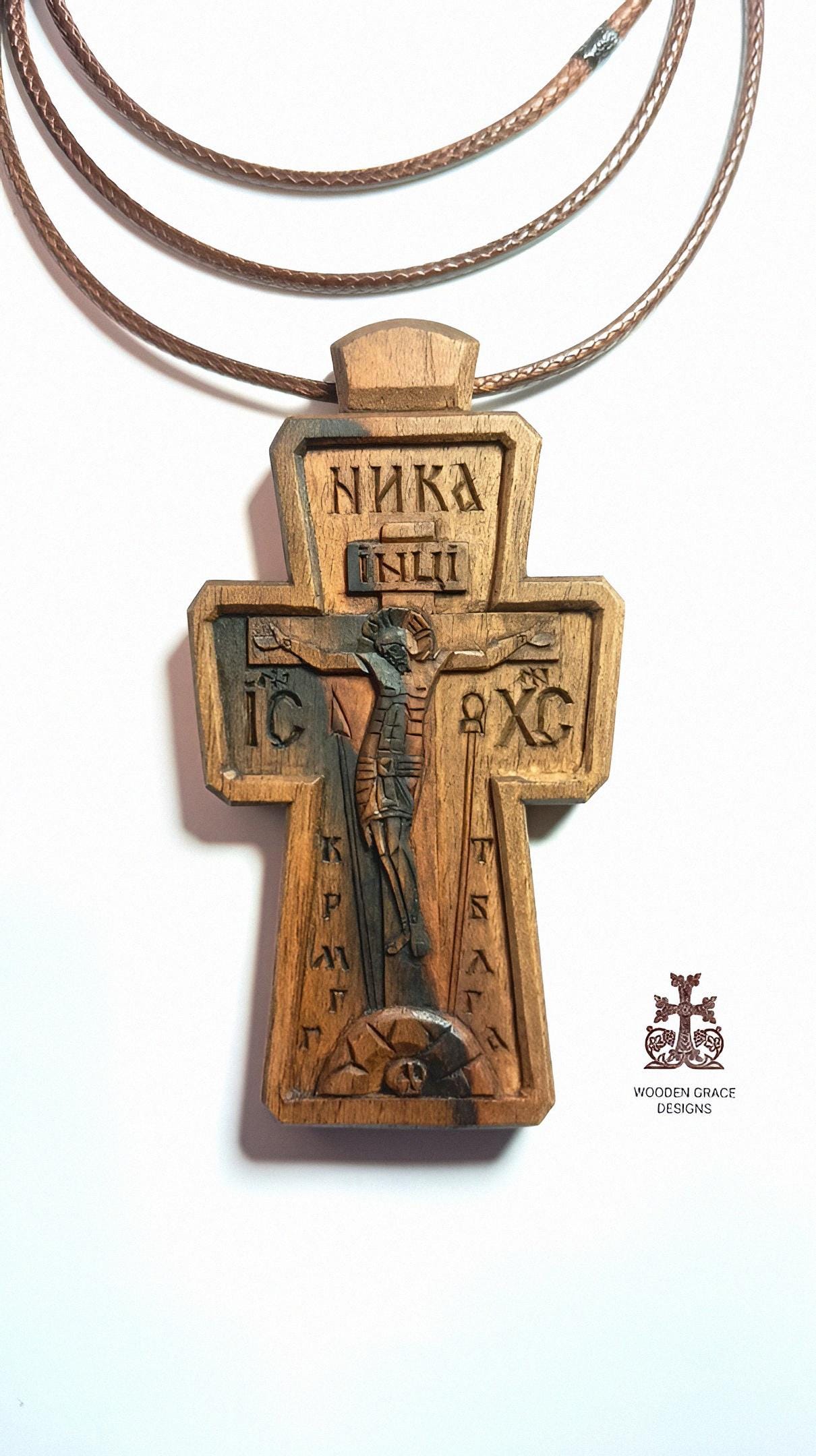 Handmade Walnut Wood Pectoral Cross, Christian Necklace