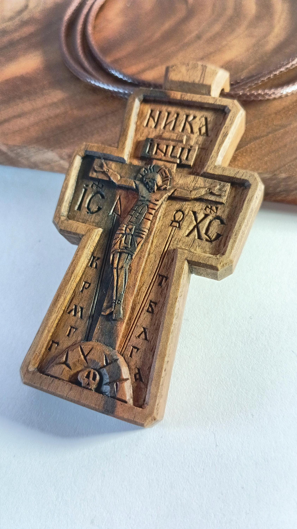 Handmade Walnut Wood Pectoral Cross, Christian Necklace