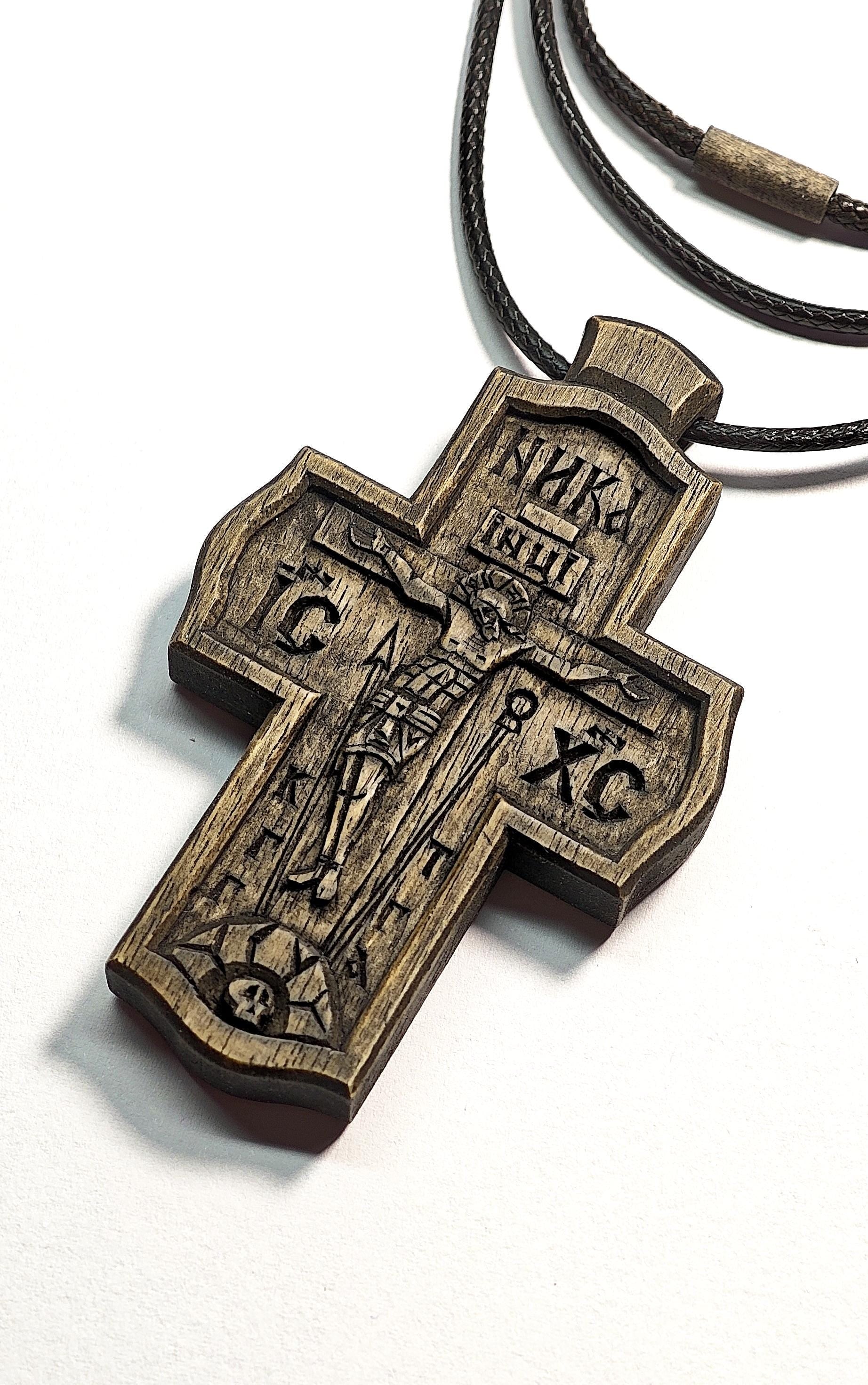 Handcrafted Wooden Cross Necklace – Walnut Wood, Light & Dark Variants ,“Save and Protect” Engraving