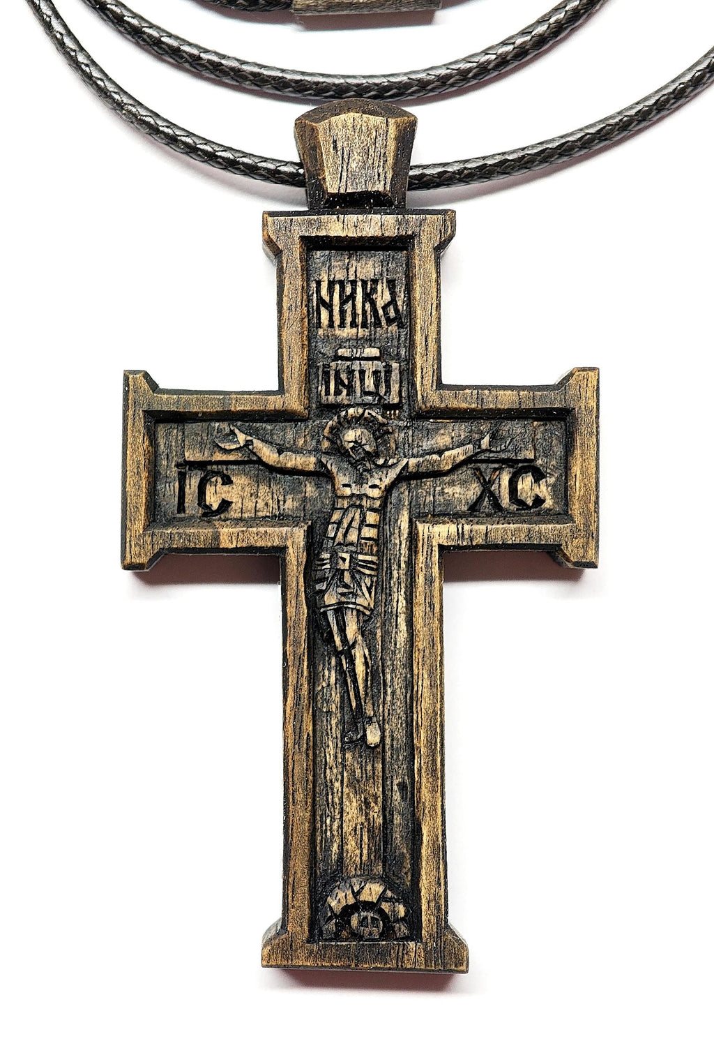 Walnut Orthodox Cross Necklace, Jesus Crucifixion Pendant, Prayer Gift