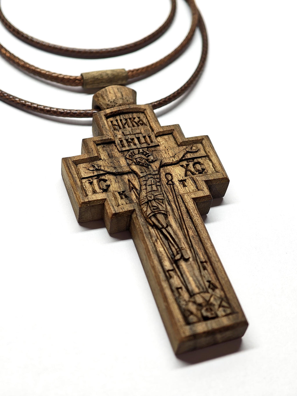 Walnut Crucifix with Jesus Christ, Unique Christian Necklace