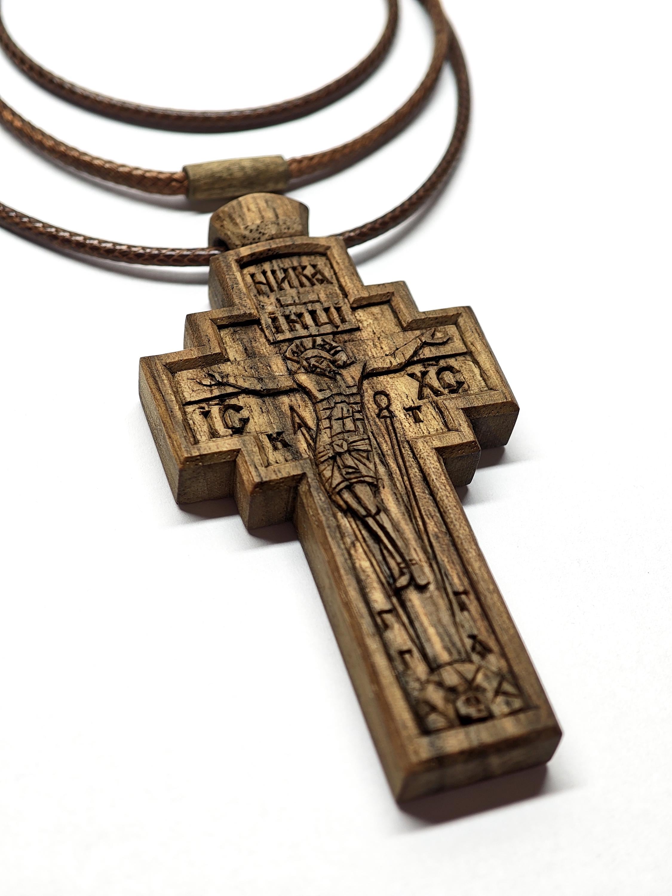 Walnut Crucifix with Jesus Christ, Unique Christian Necklace