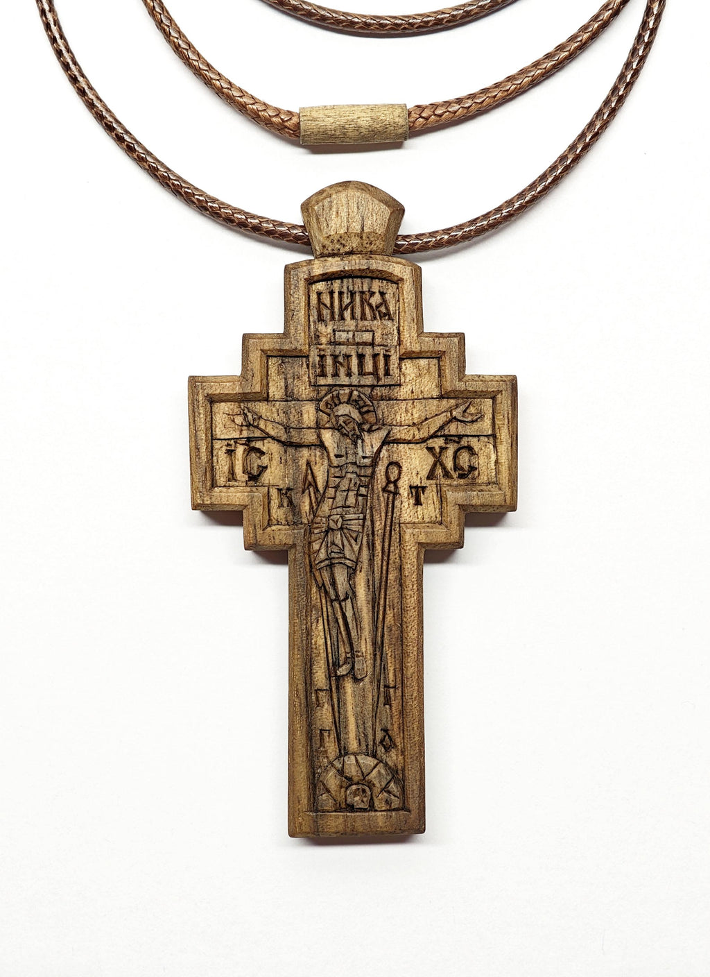 Walnut Crucifix with Jesus Christ, Unique Christian Necklace