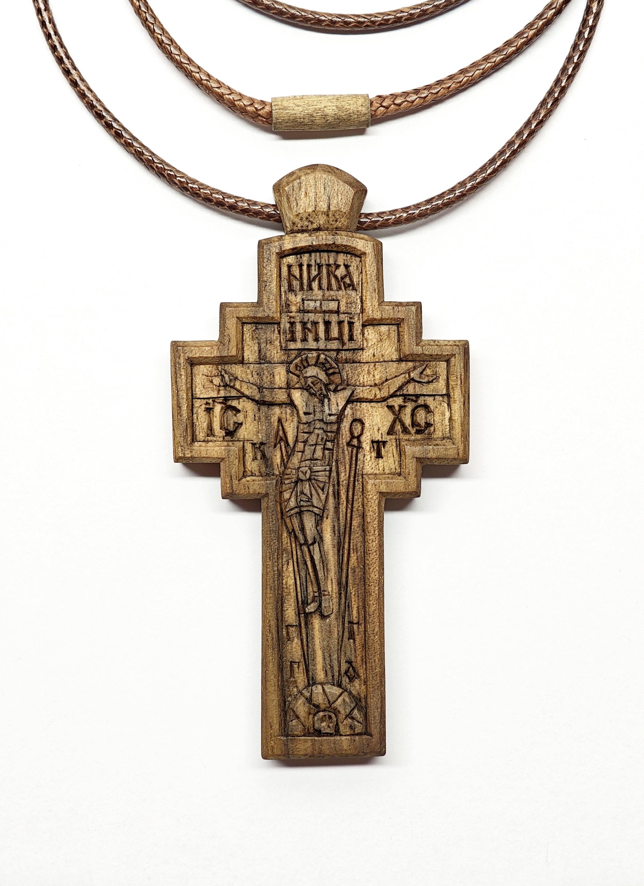 Walnut Crucifix with Jesus Christ, Unique Christian Necklace