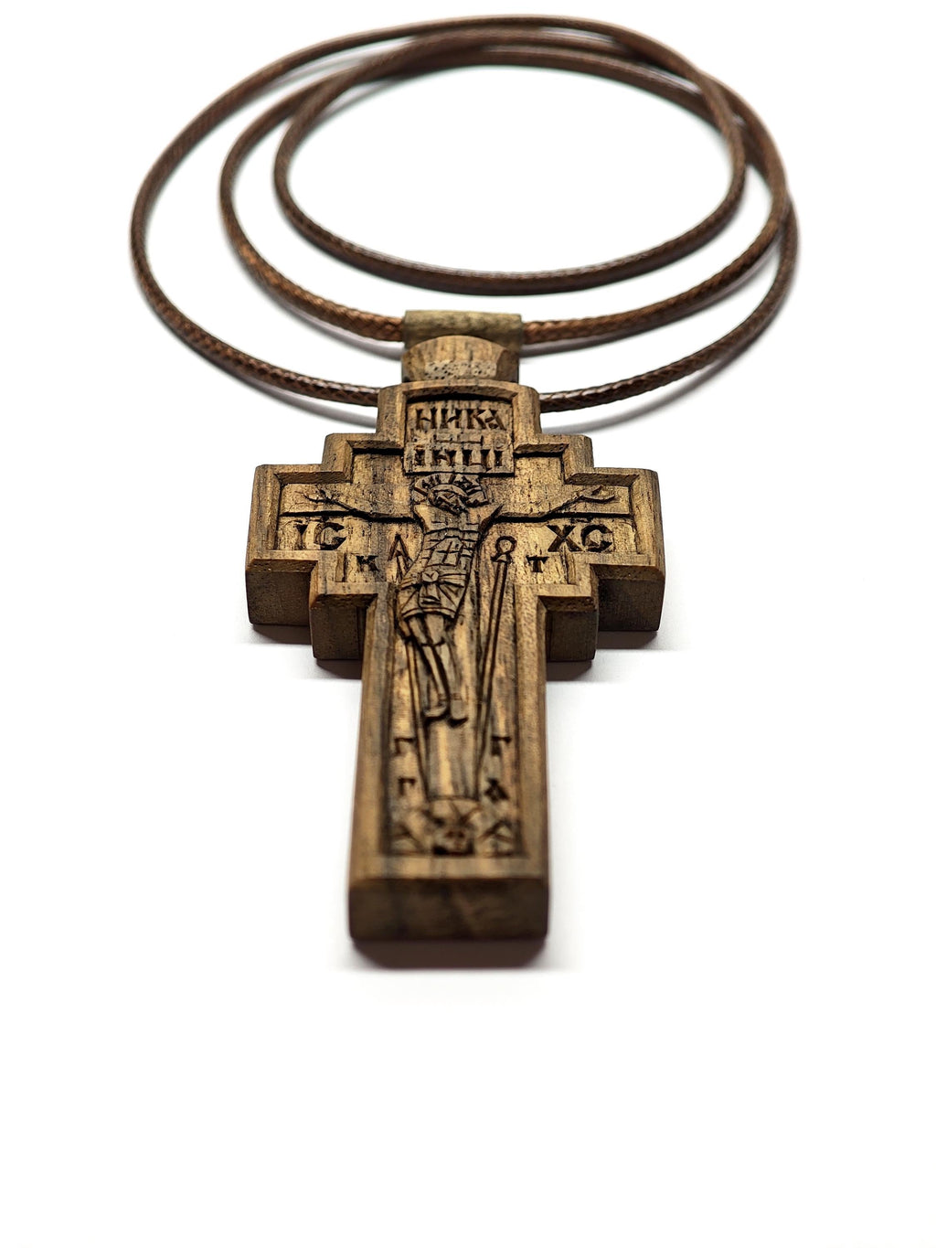Walnut Crucifix with Jesus Christ, Unique Christian Necklace