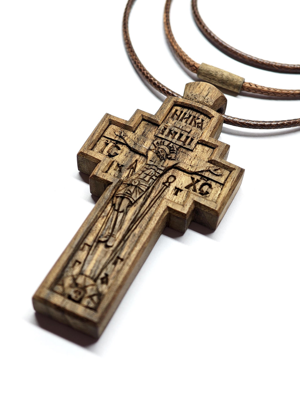 Walnut Crucifix with Jesus Christ, Unique Christian Necklace