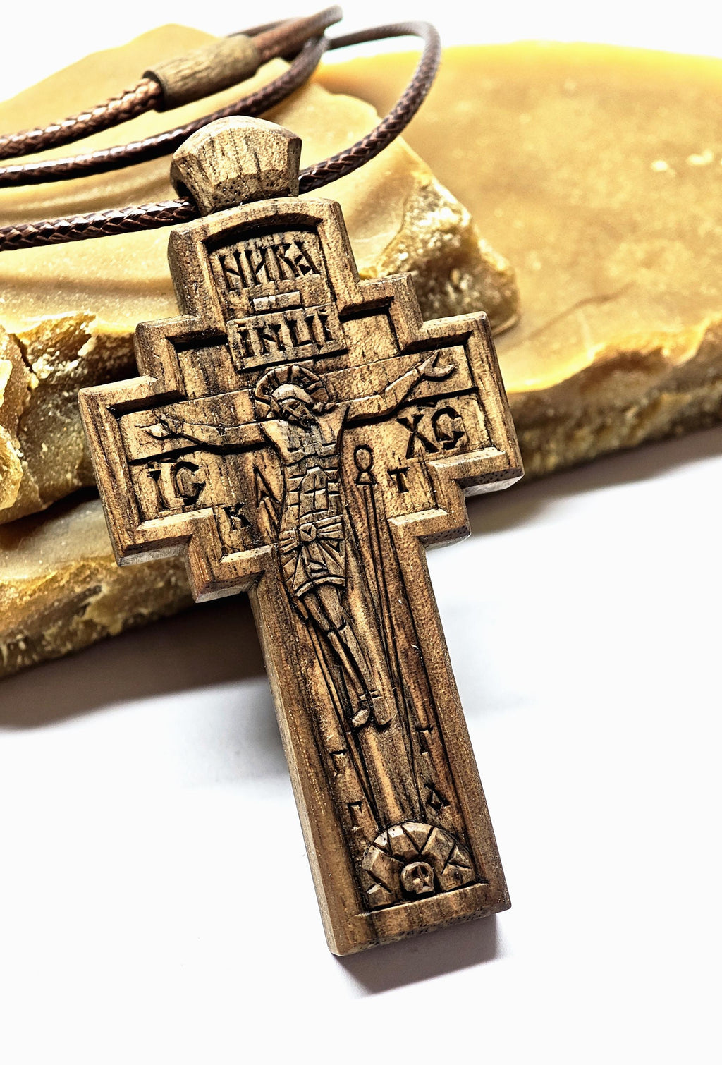 Walnut Crucifix with Jesus Christ, Unique Christian Necklace