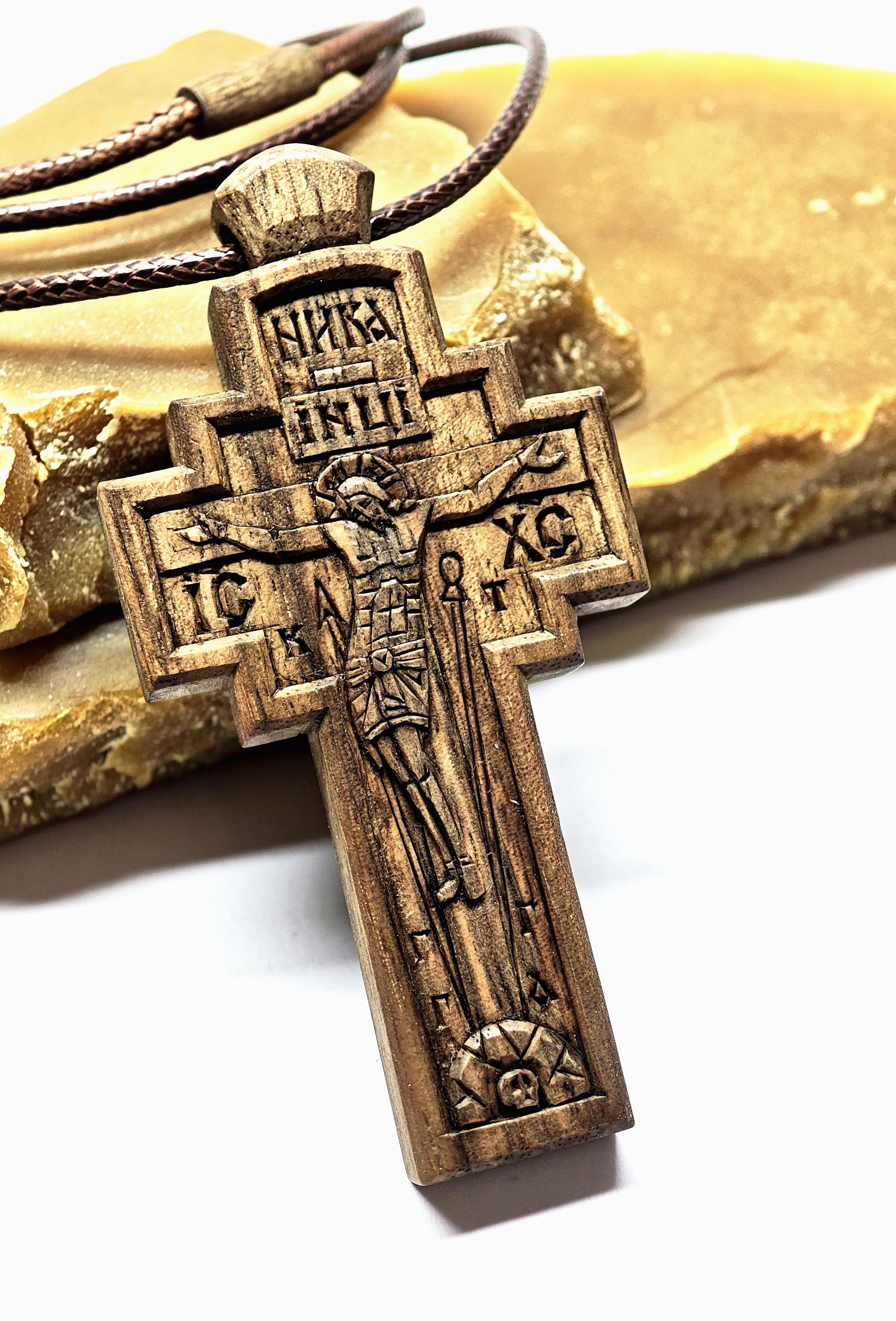 Walnut Crucifix with Jesus Christ, Unique Christian Necklace