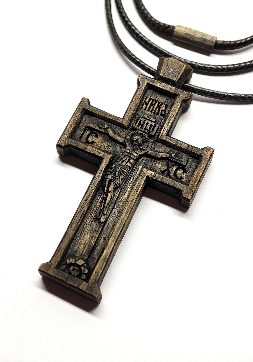 Walnut Orthodox Cross Necklace, Jesus Crucifixion Pendant, Prayer Gift