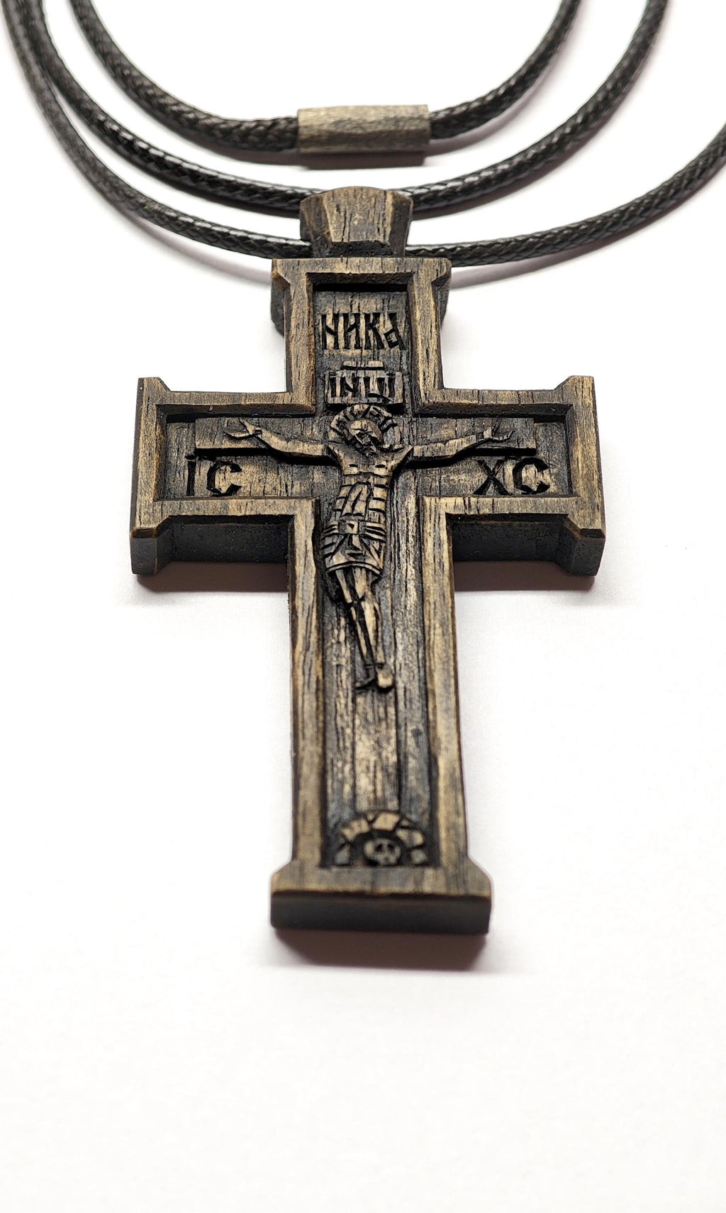 Walnut Orthodox Cross Necklace, Jesus Crucifixion Pendant, Prayer Gift