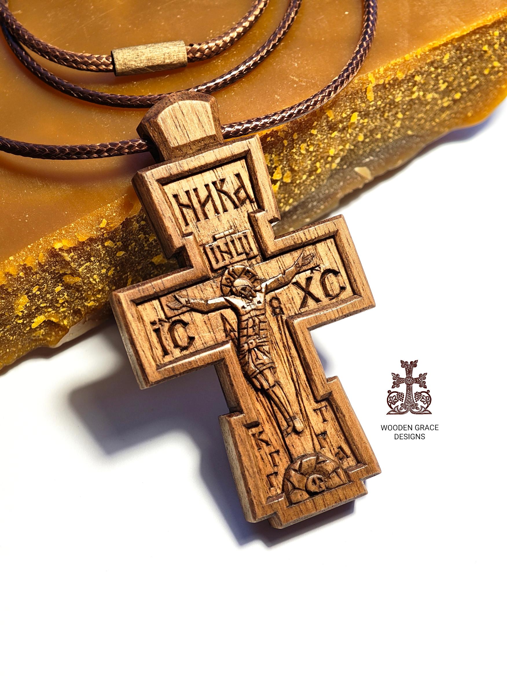 Walnut Orthodox Cross Pendant, Christian Religious Jewelry, Natural Wax Finish