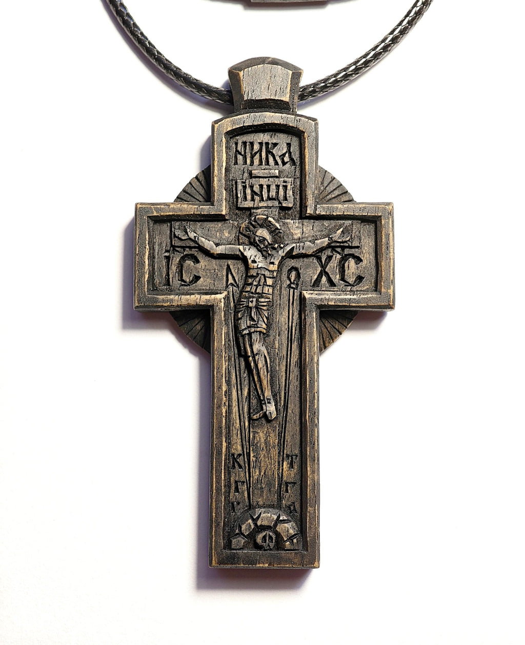Wooden Cross Necklace, Byzantine Jesus Crucifix Pendant