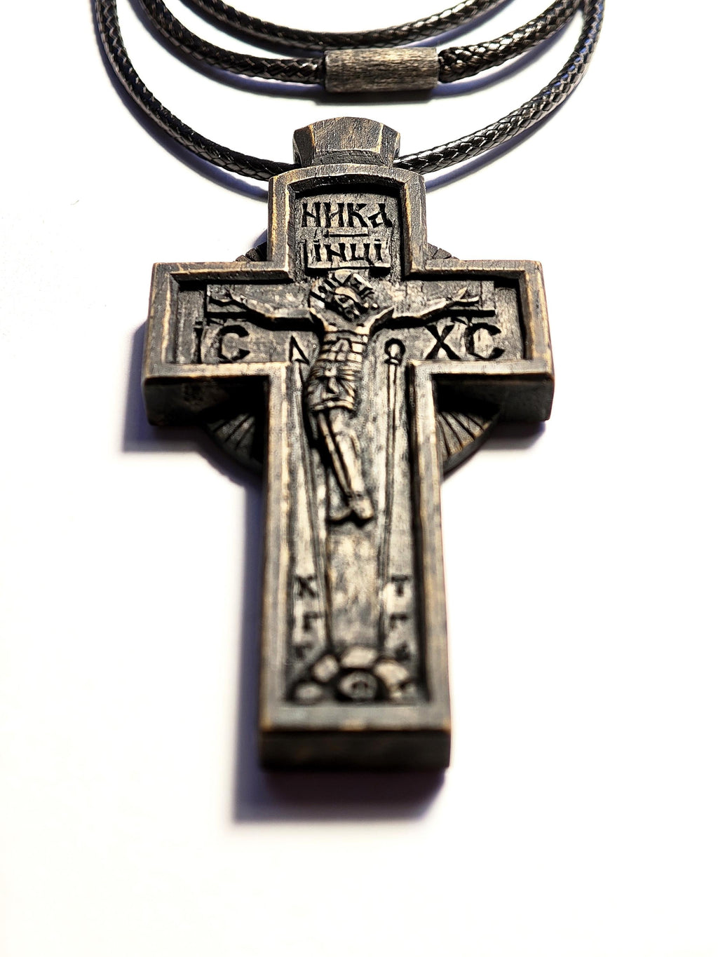 Wooden Cross Necklace, Byzantine Jesus Crucifix Pendant