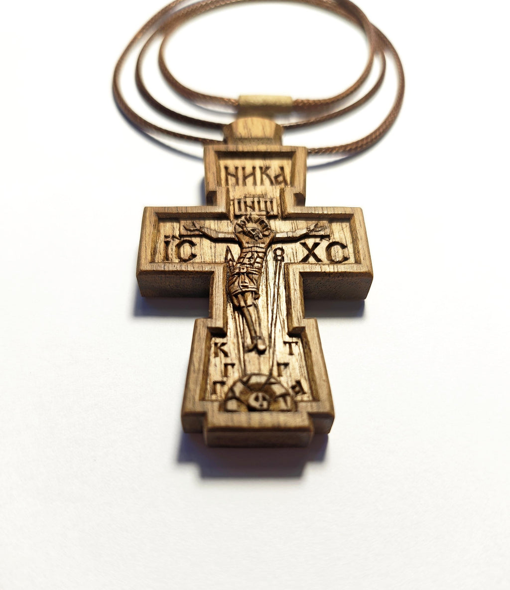Walnut Orthodox Cross Pendant, Christian Religious Jewelry, Natural Wax Finish