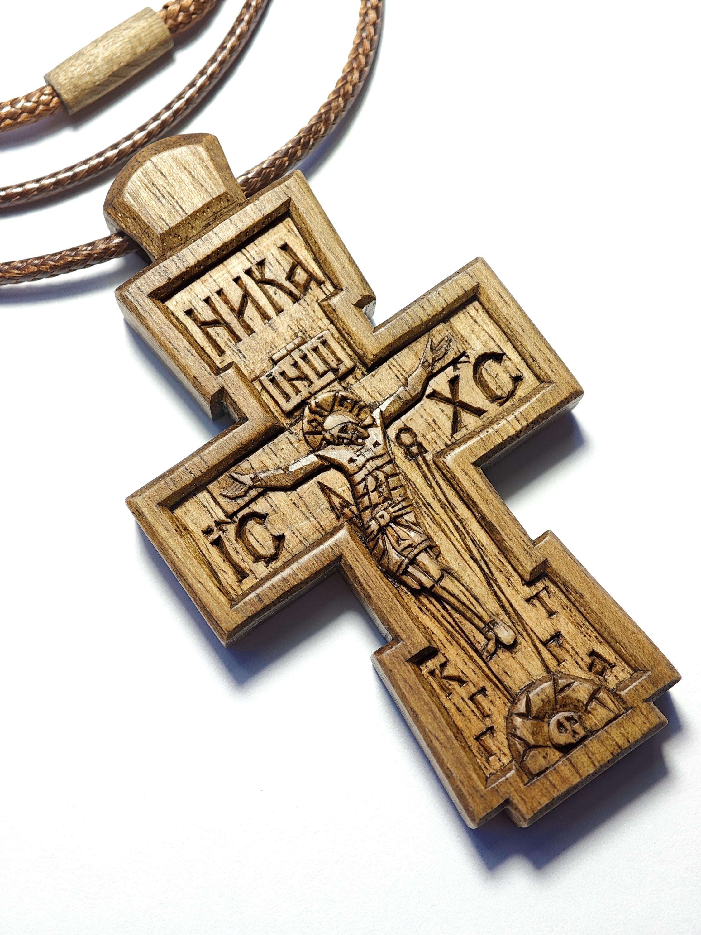 Walnut Orthodox Cross Pendant, Christian Religious Jewelry, Natural Wax Finish