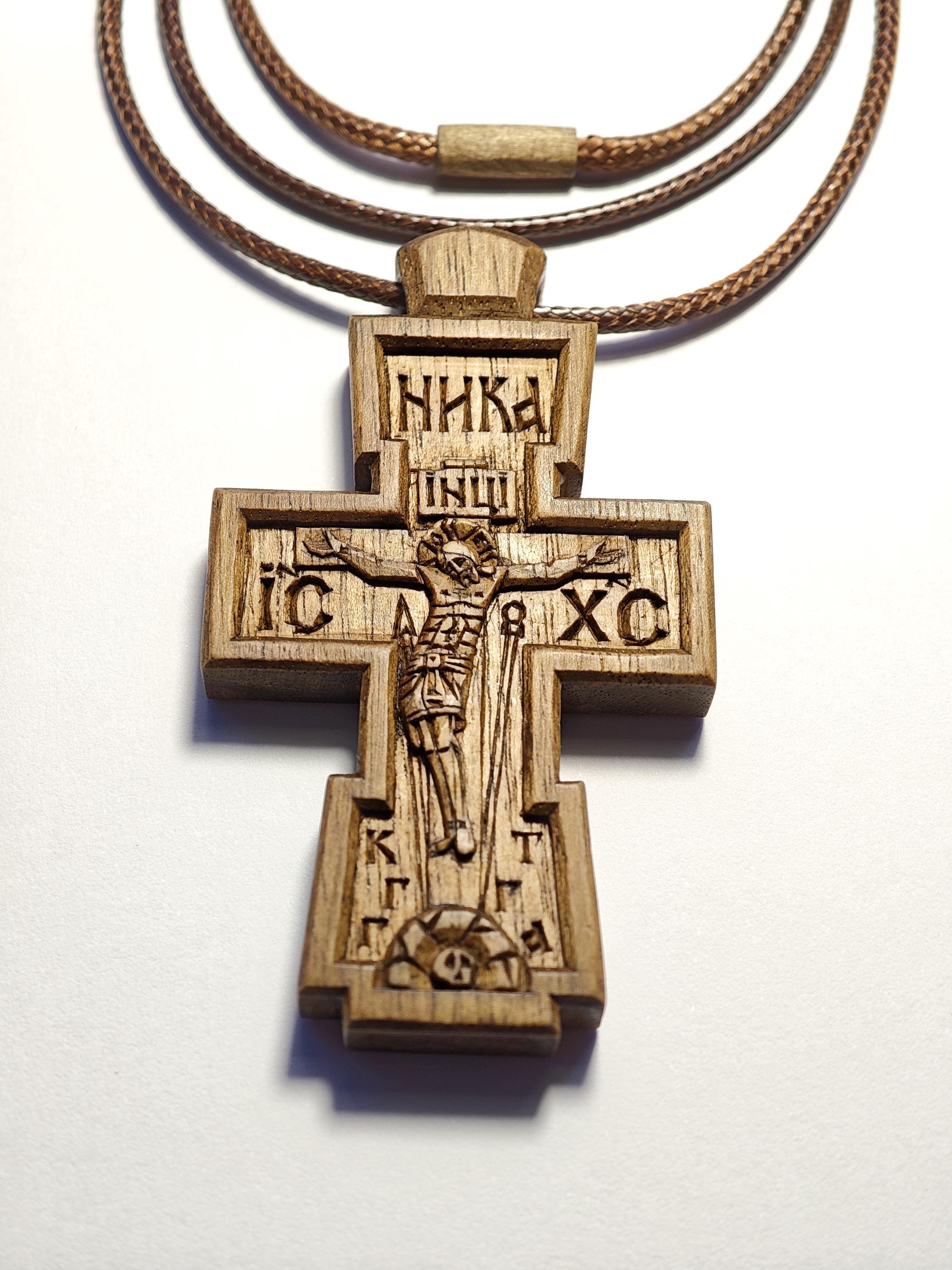Walnut Orthodox Cross Pendant, Christian Religious Jewelry, Natural Wax Finish