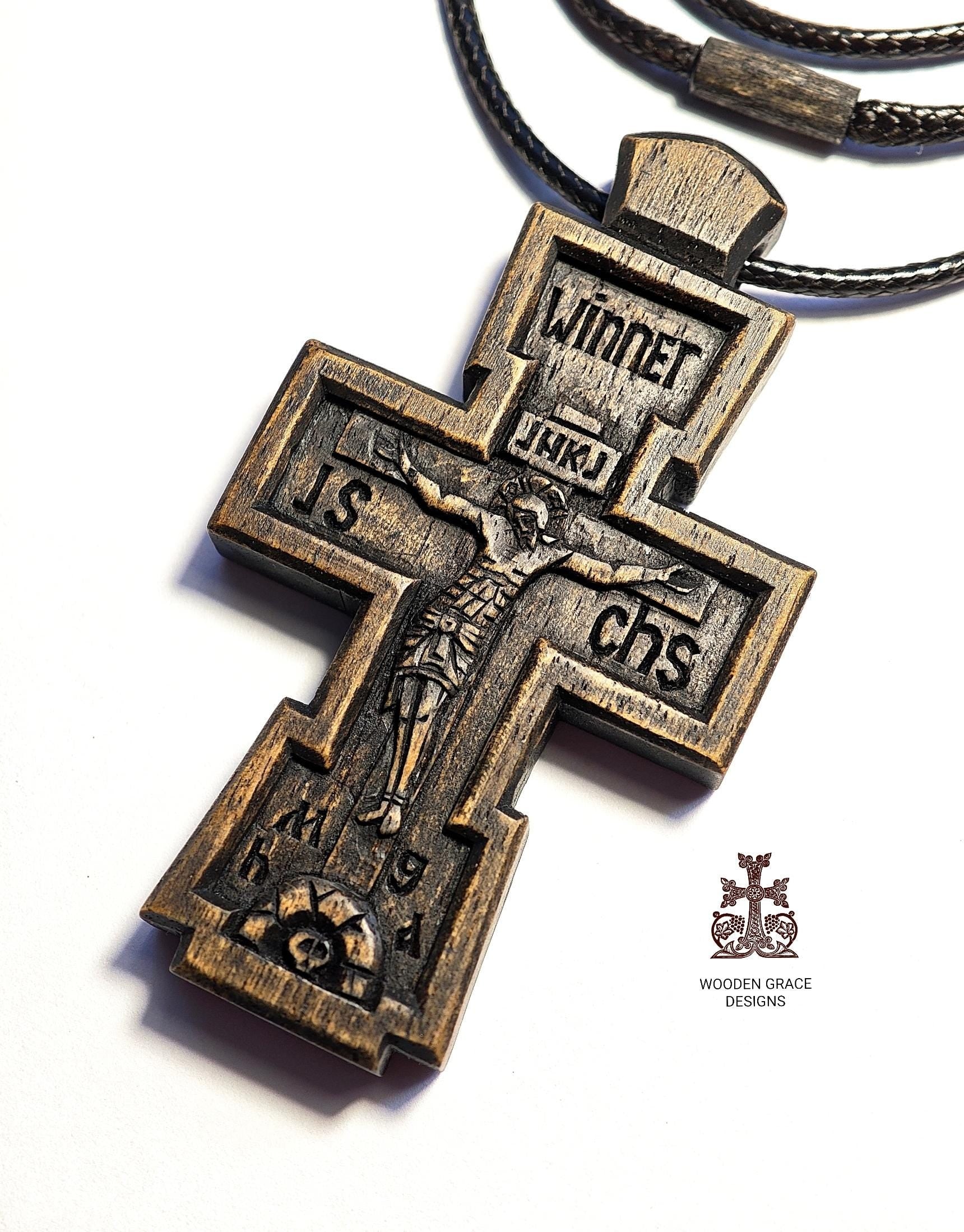 Hand-Carved Walnut Orthodox Cross with Cord