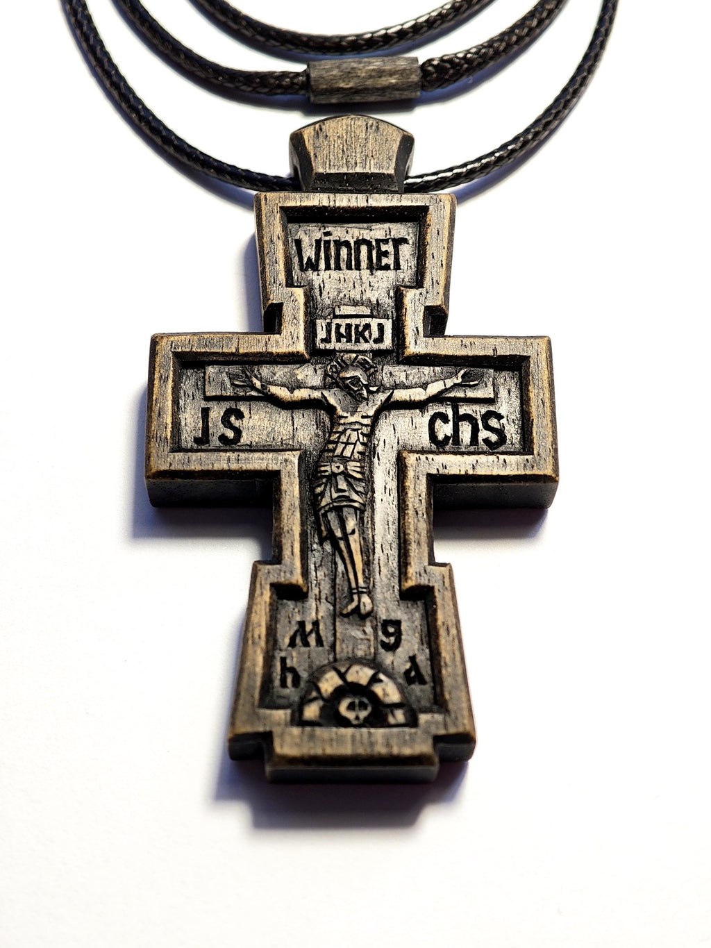 Hand-Carved Walnut Orthodox Cross with Cord