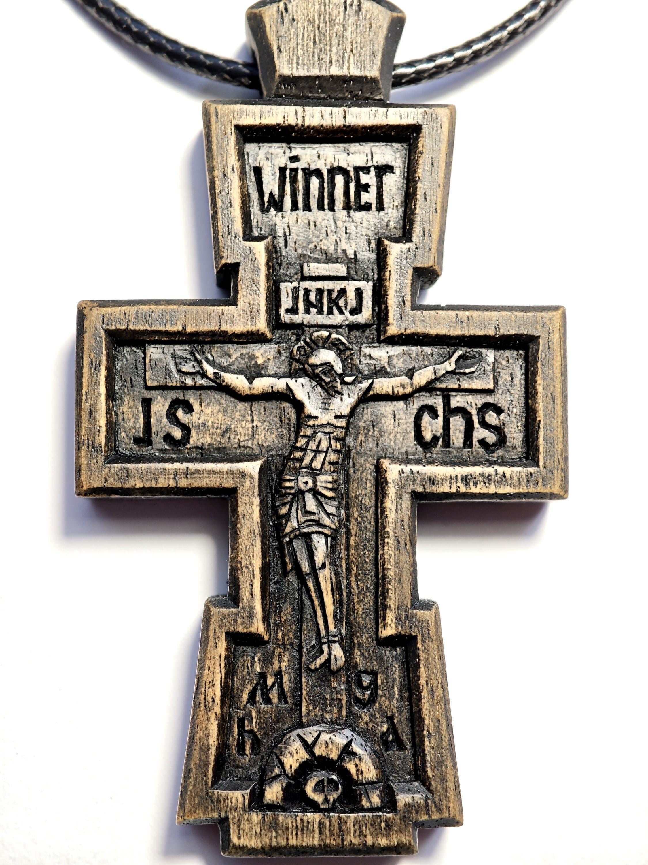 Hand-Carved Walnut Orthodox Cross with Cord