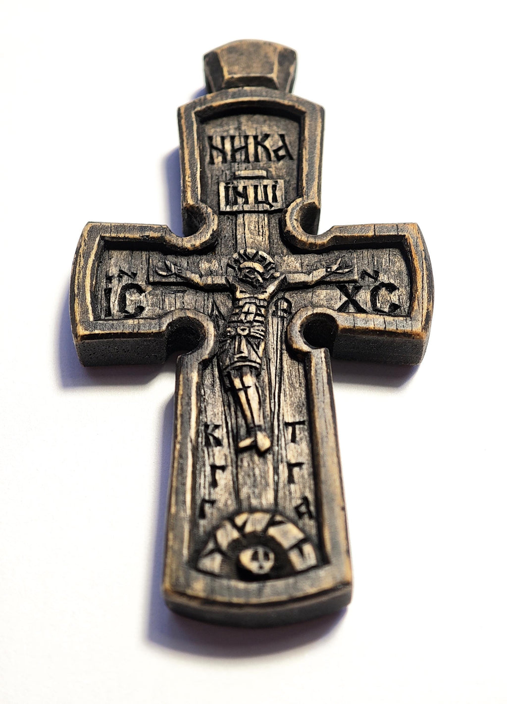 Traditional Orthodox Wooden Cross, Hand Carved Walnut Crucifix Necklace, Eastern Christian Gift