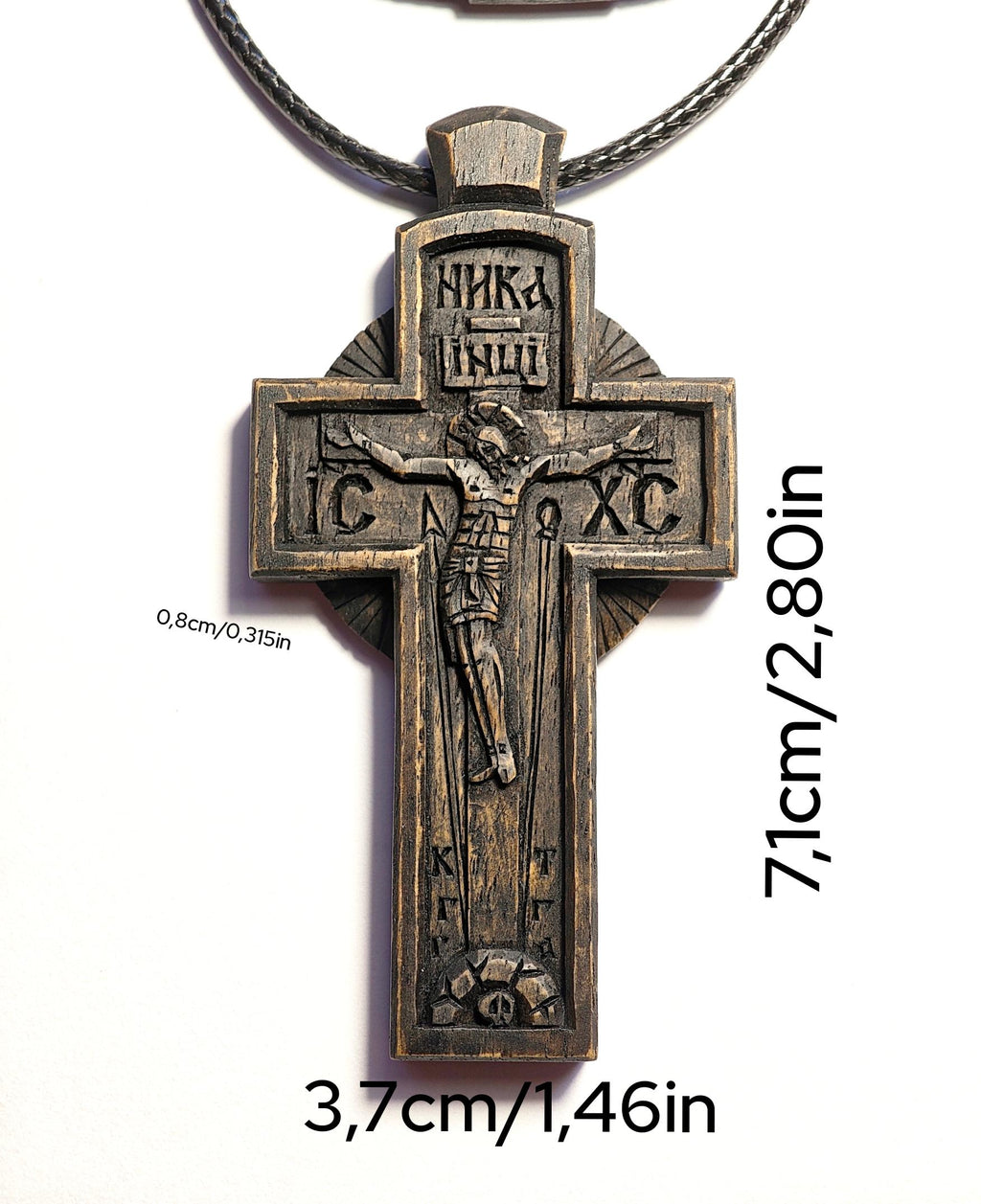 Wooden Cross Necklace, Byzantine Jesus Crucifix Pendant