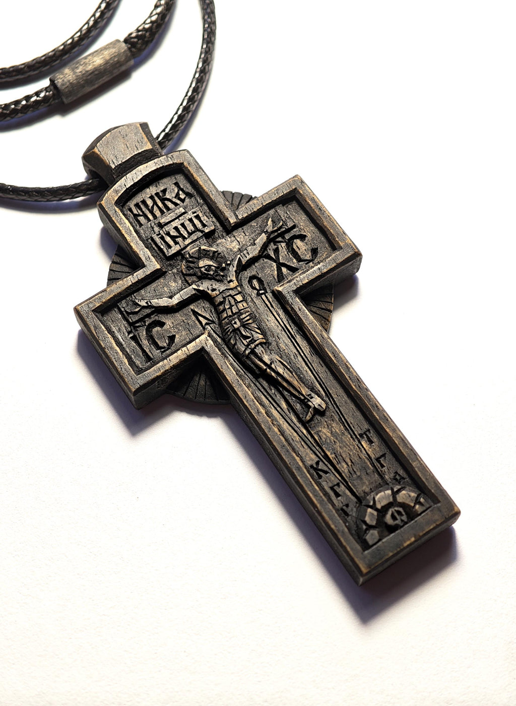 Wooden Cross Necklace, Byzantine Jesus Crucifix Pendant