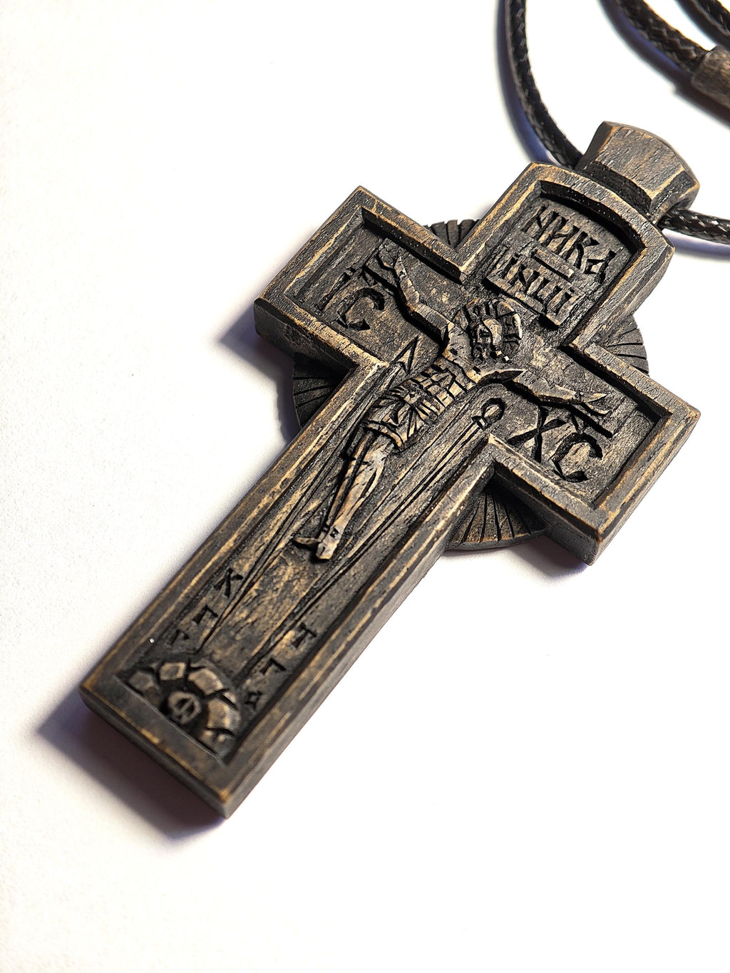 Wooden Cross Necklace, Byzantine Jesus Crucifix Pendant