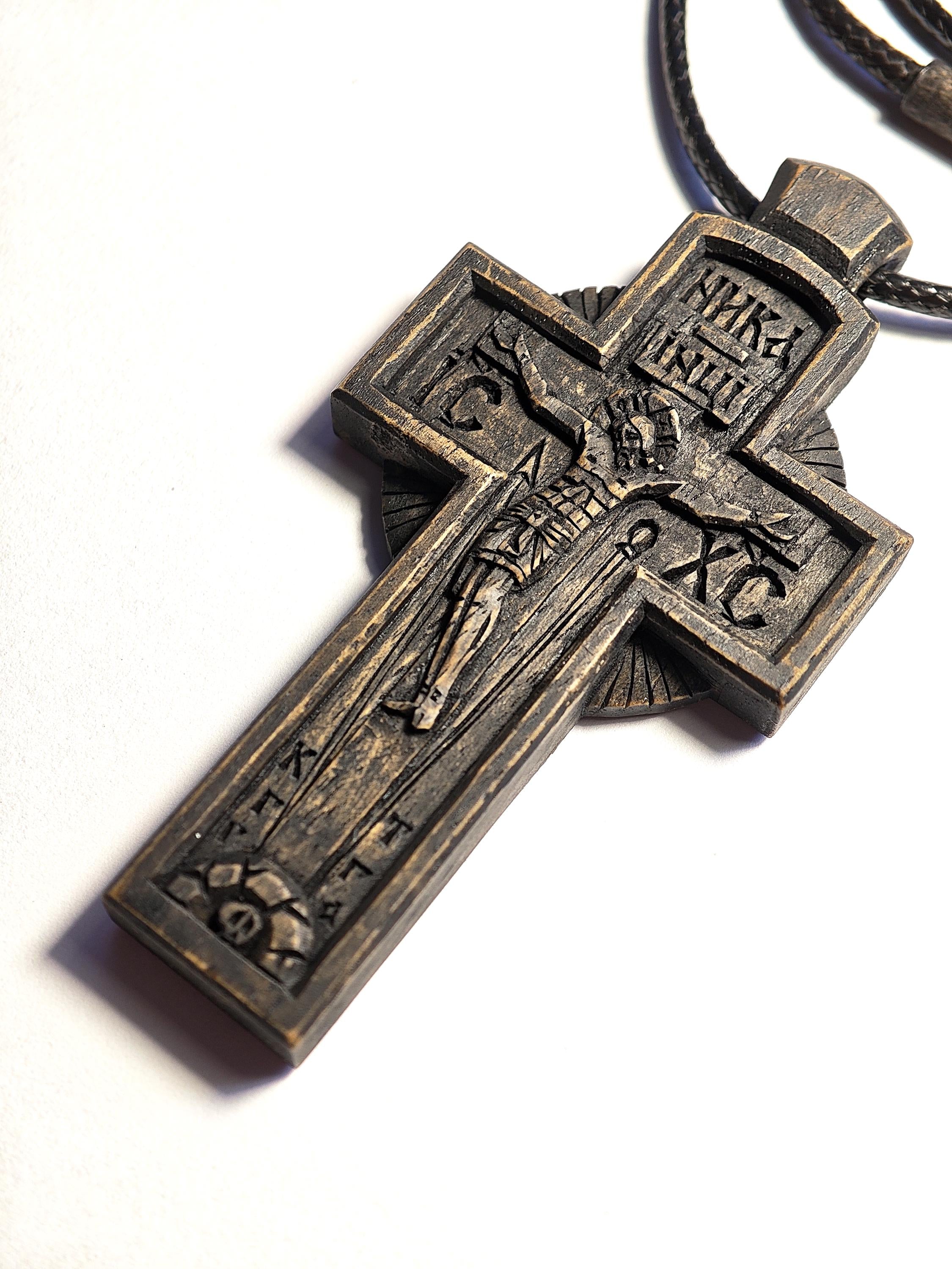 Wooden Cross Necklace, Byzantine Jesus Crucifix Pendant