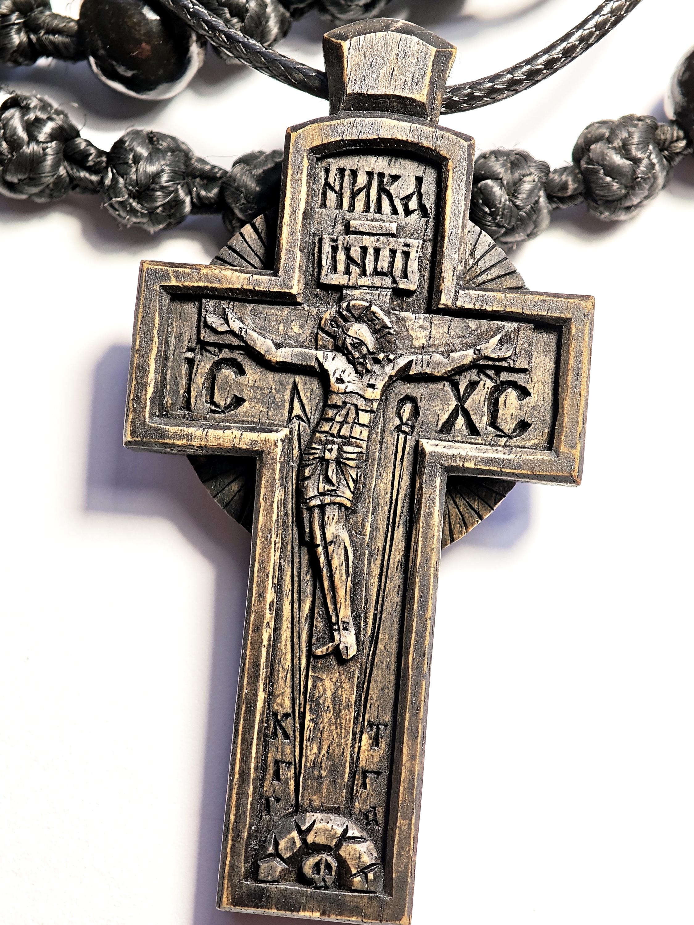 Wooden Cross Necklace, Byzantine Jesus Crucifix Pendant