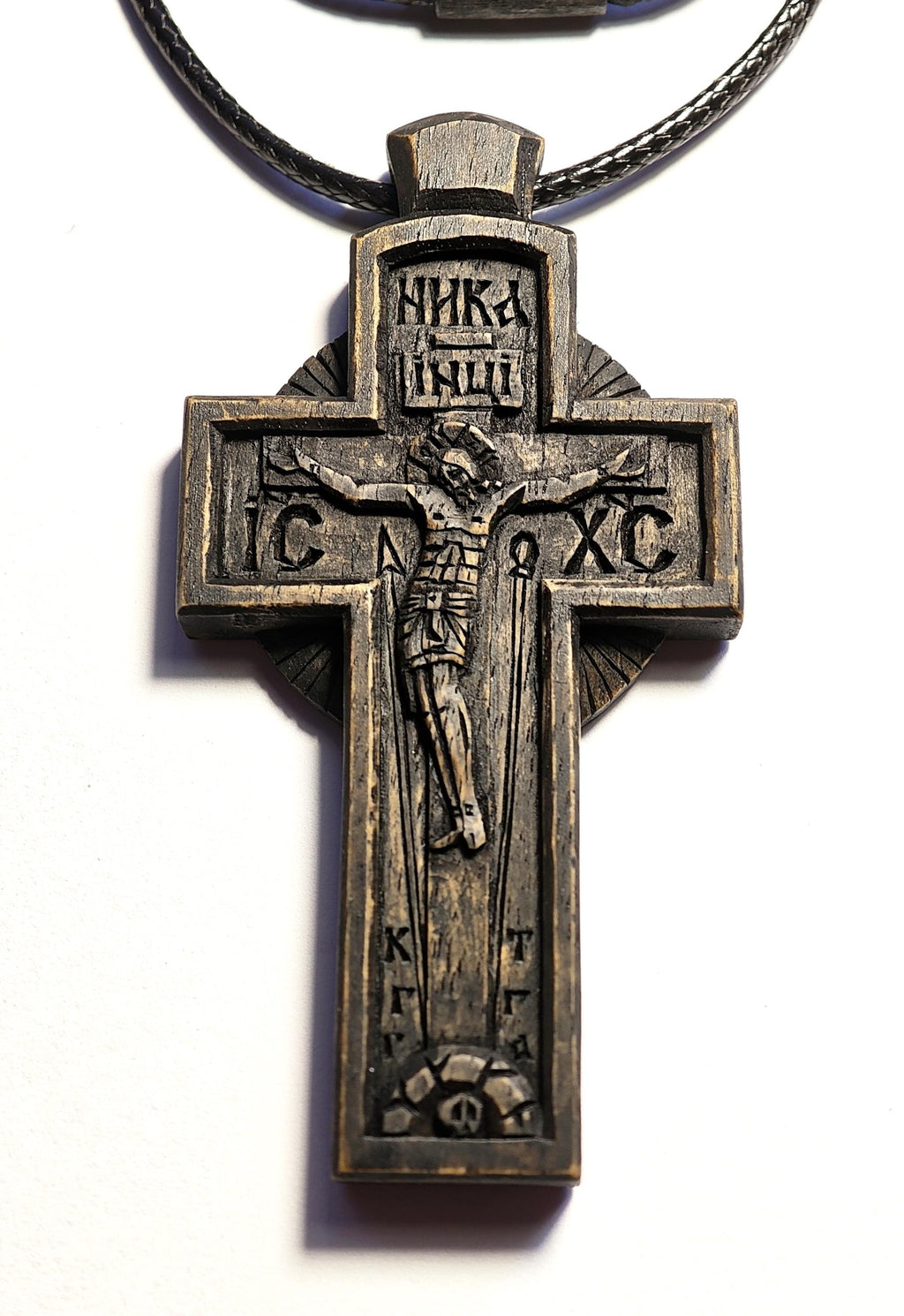 Wooden Cross Necklace, Byzantine Jesus Crucifix Pendant