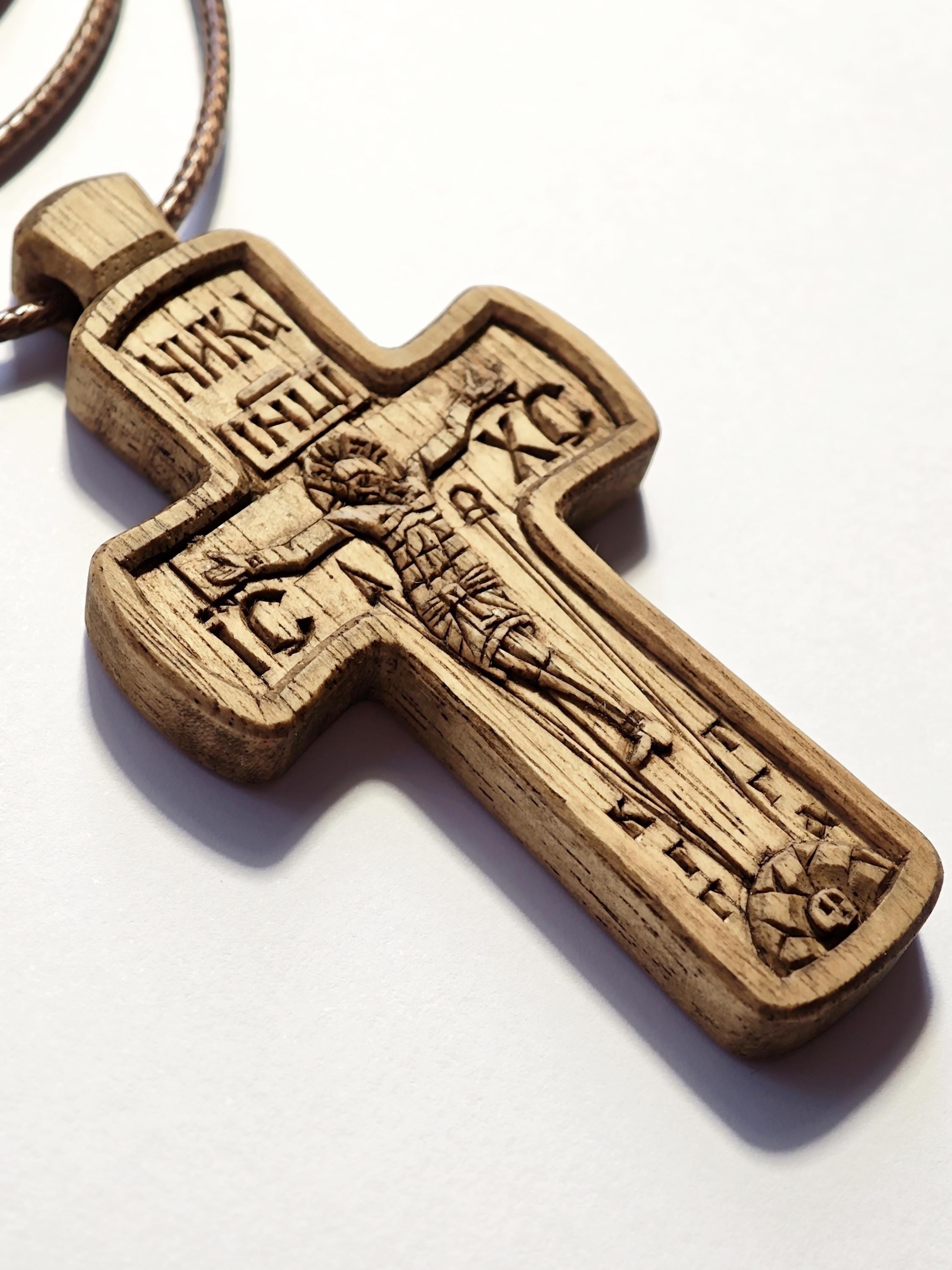 Hand Carved Cross Necklace – Wax Finished Crucifix with Cord