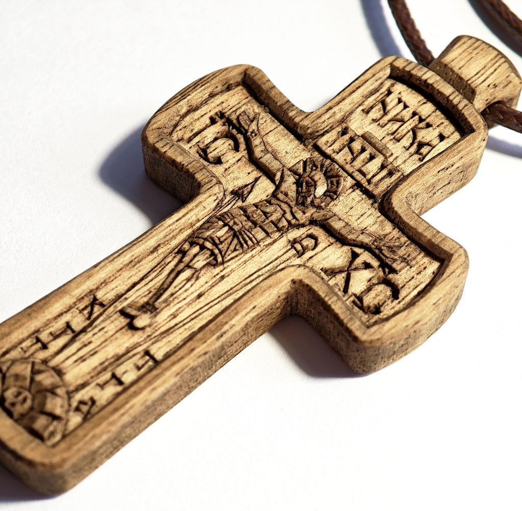 Hand Carved Cross Necklace – Wax Finished Crucifix with Cord