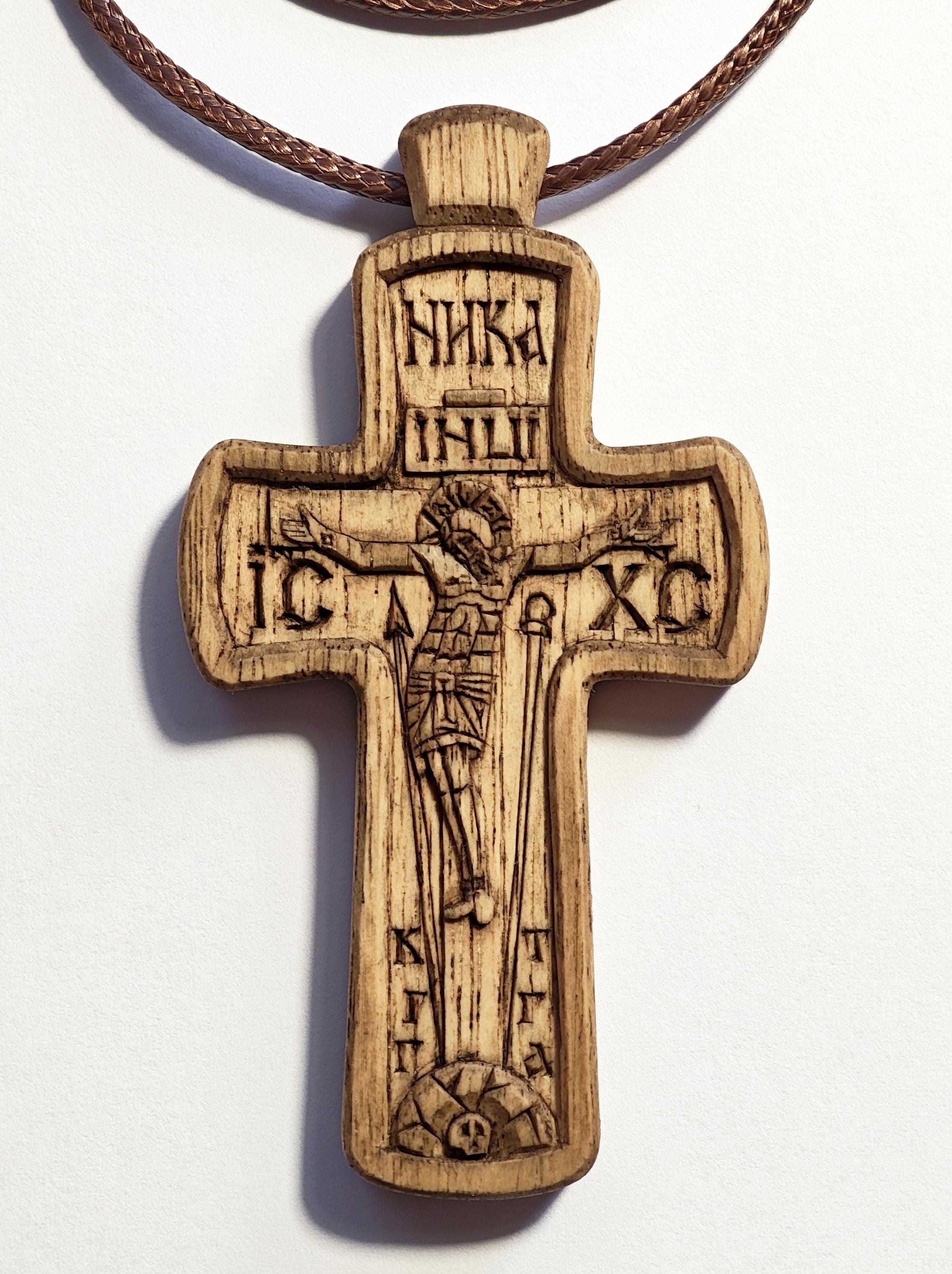 Hand Carved Cross Necklace – Wax Finished Crucifix with Cord