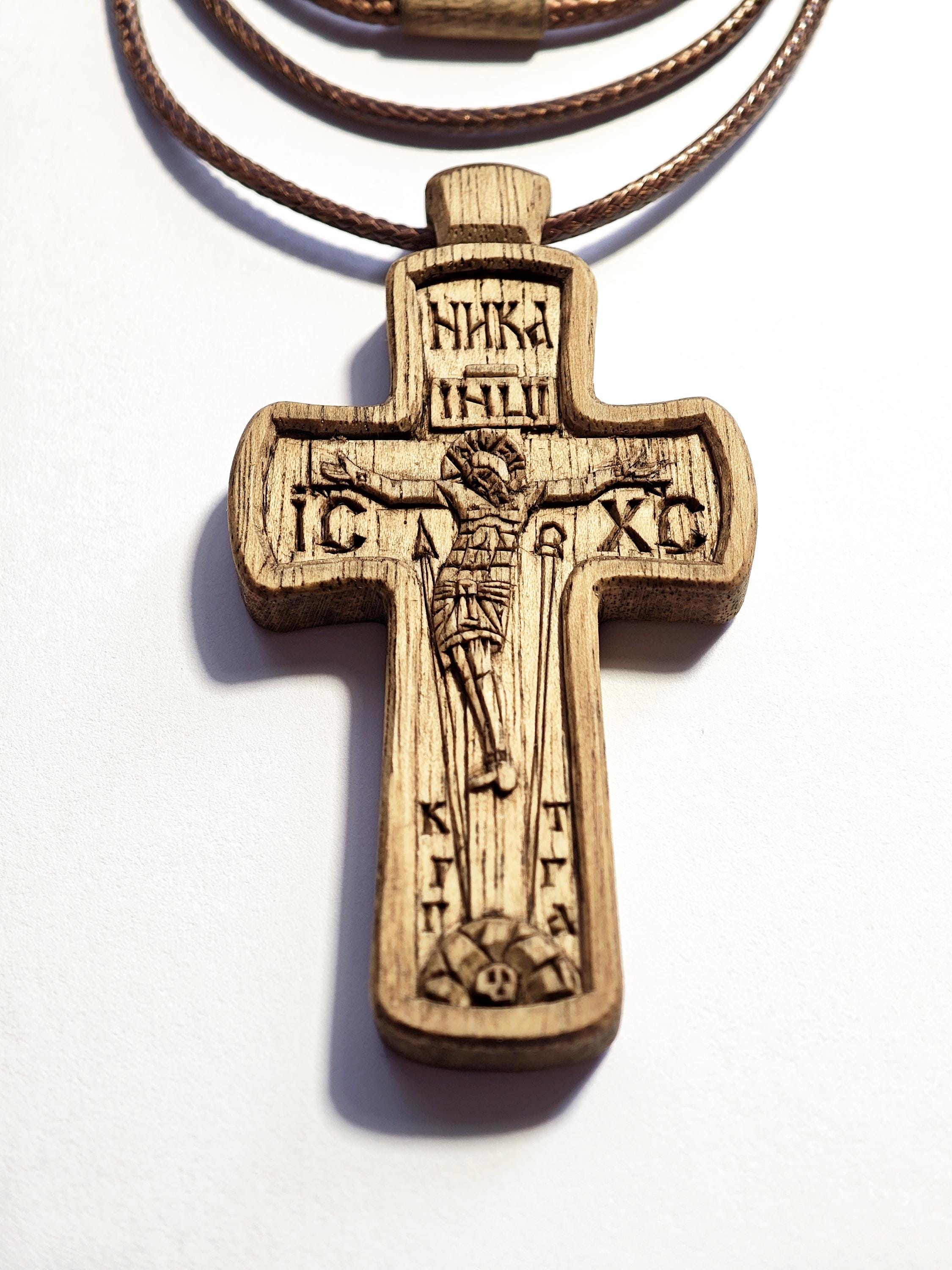Hand Carved Cross Necklace – Wax Finished Crucifix with Cord