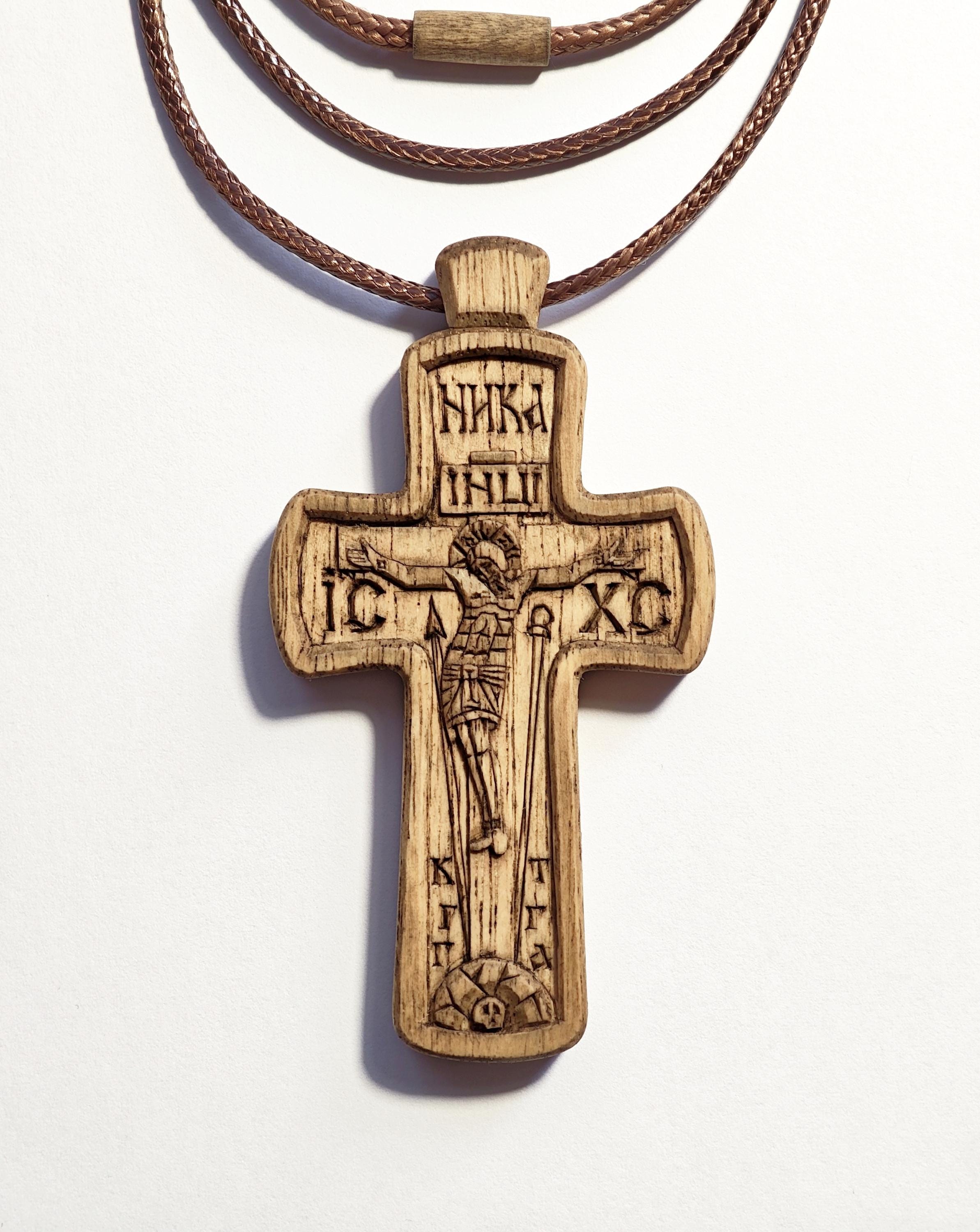 Hand Carved Cross Necklace – Wax Finished Crucifix with Cord