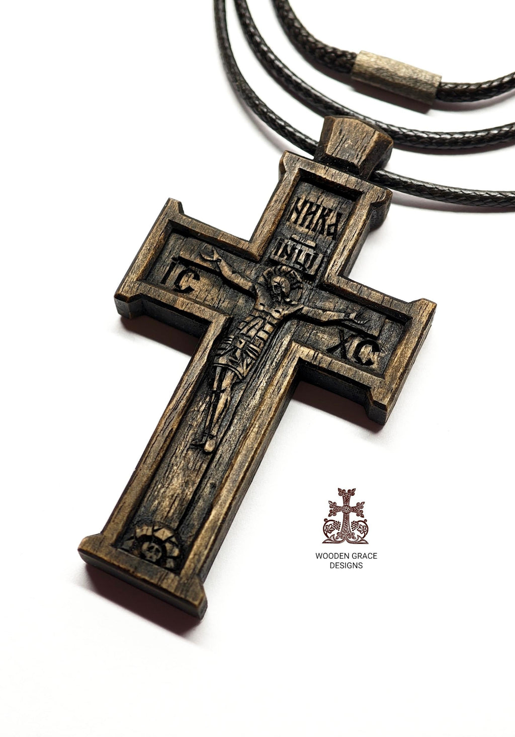 Walnut Orthodox Cross Necklace, Jesus Crucifixion Pendant, Prayer Gift
