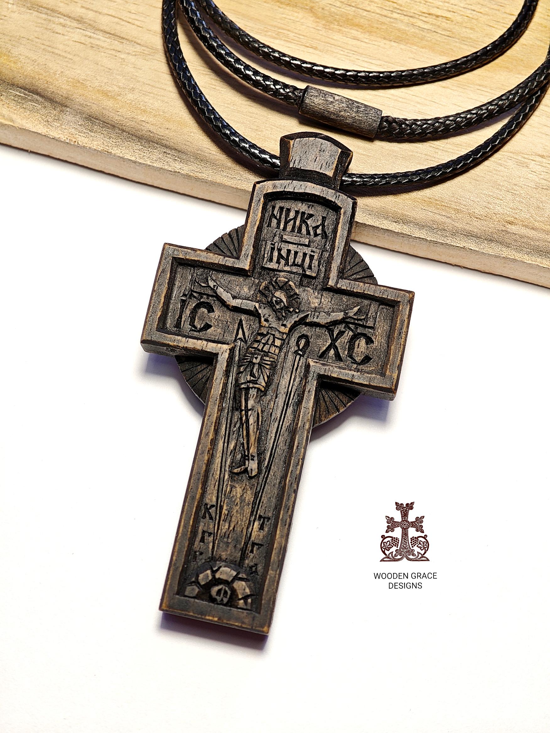 Wooden Cross Necklace, Byzantine Jesus Crucifix Pendant