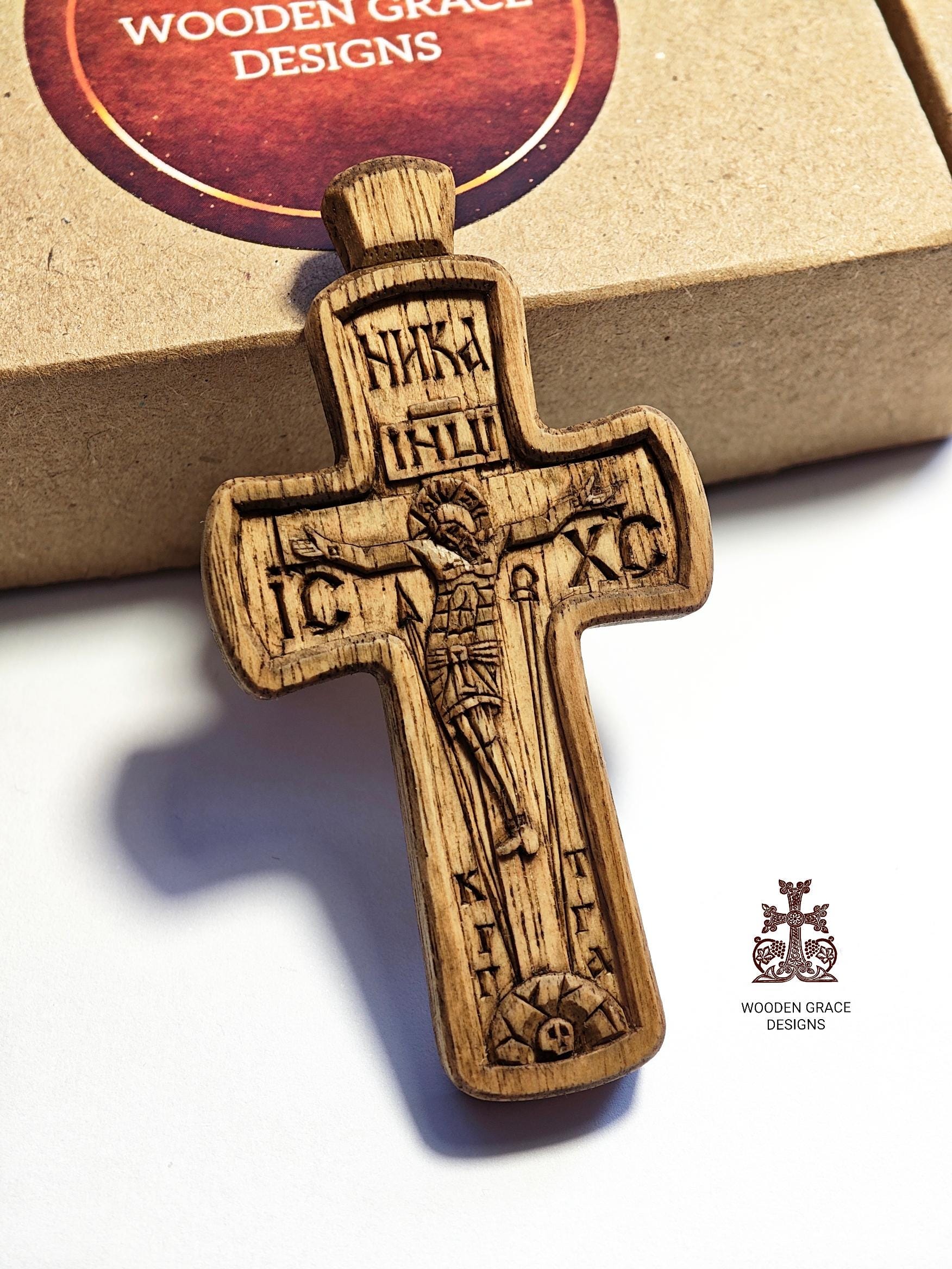 Hand Carved Cross Necklace – Wax Finished Crucifix with Cord