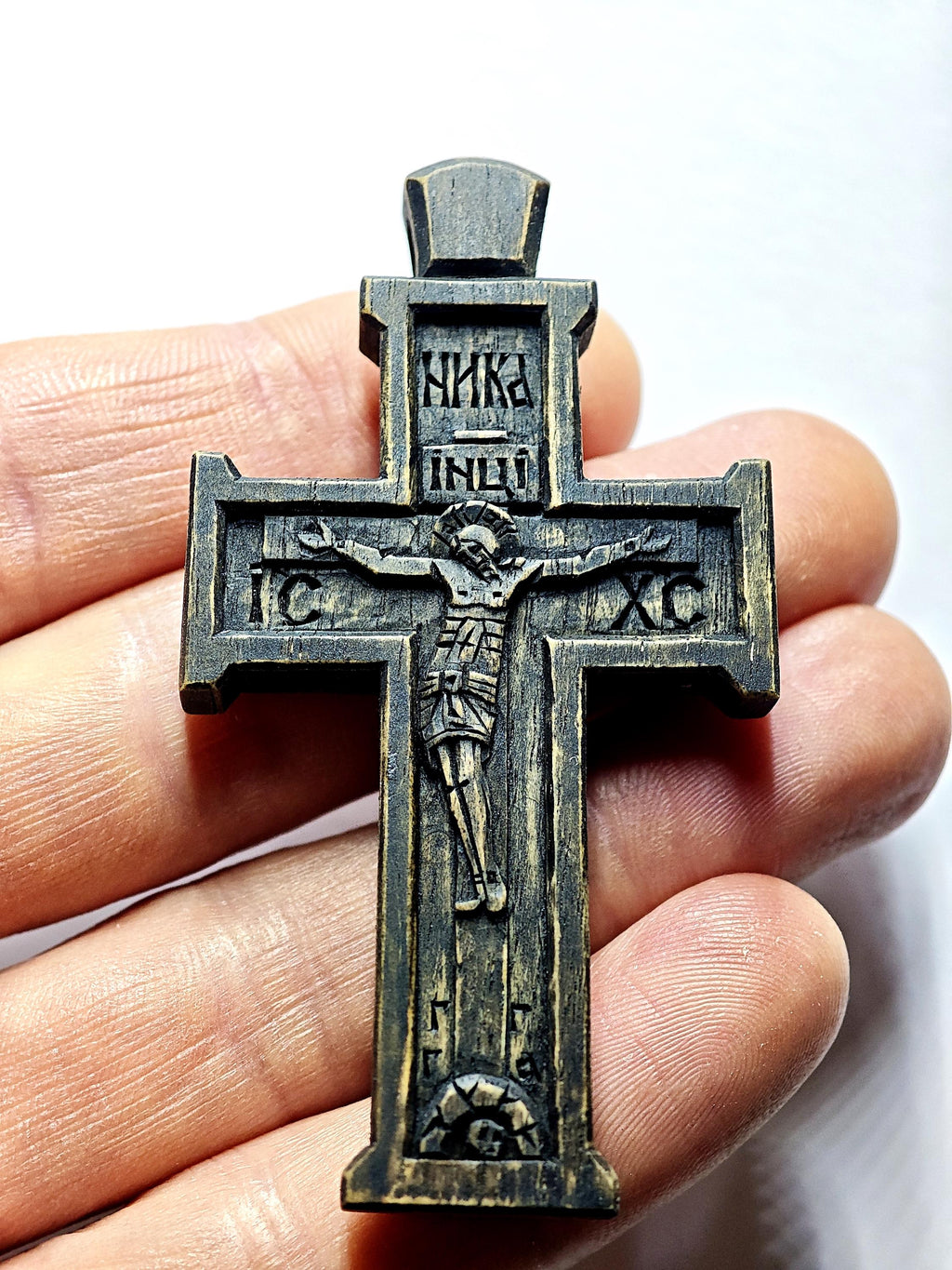 Walnut Orthodox Cross Necklace, Jesus Crucifixion Pendant, Prayer Gift
