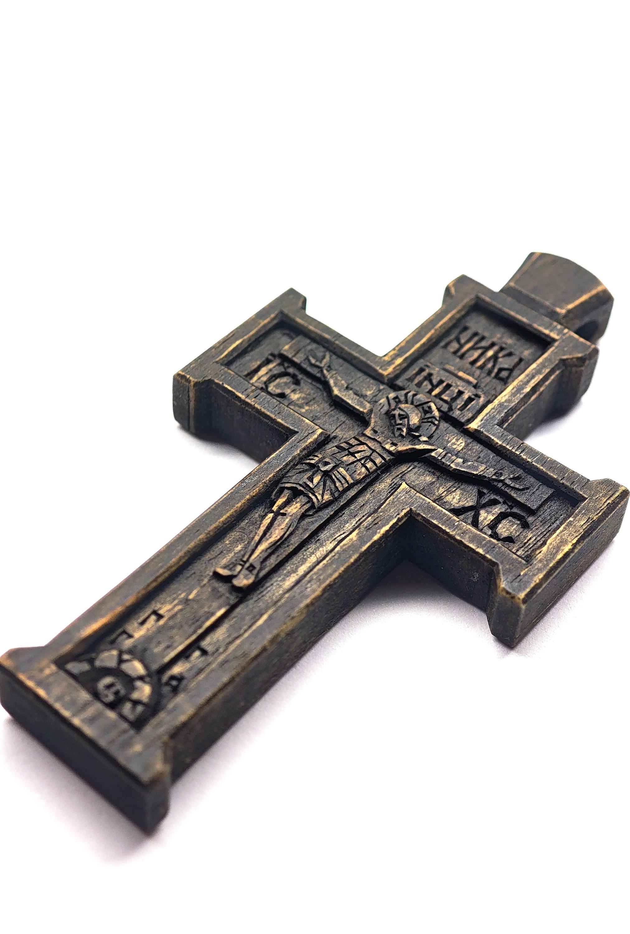Walnut Orthodox Cross Necklace, Jesus Crucifixion Pendant, Prayer Gift