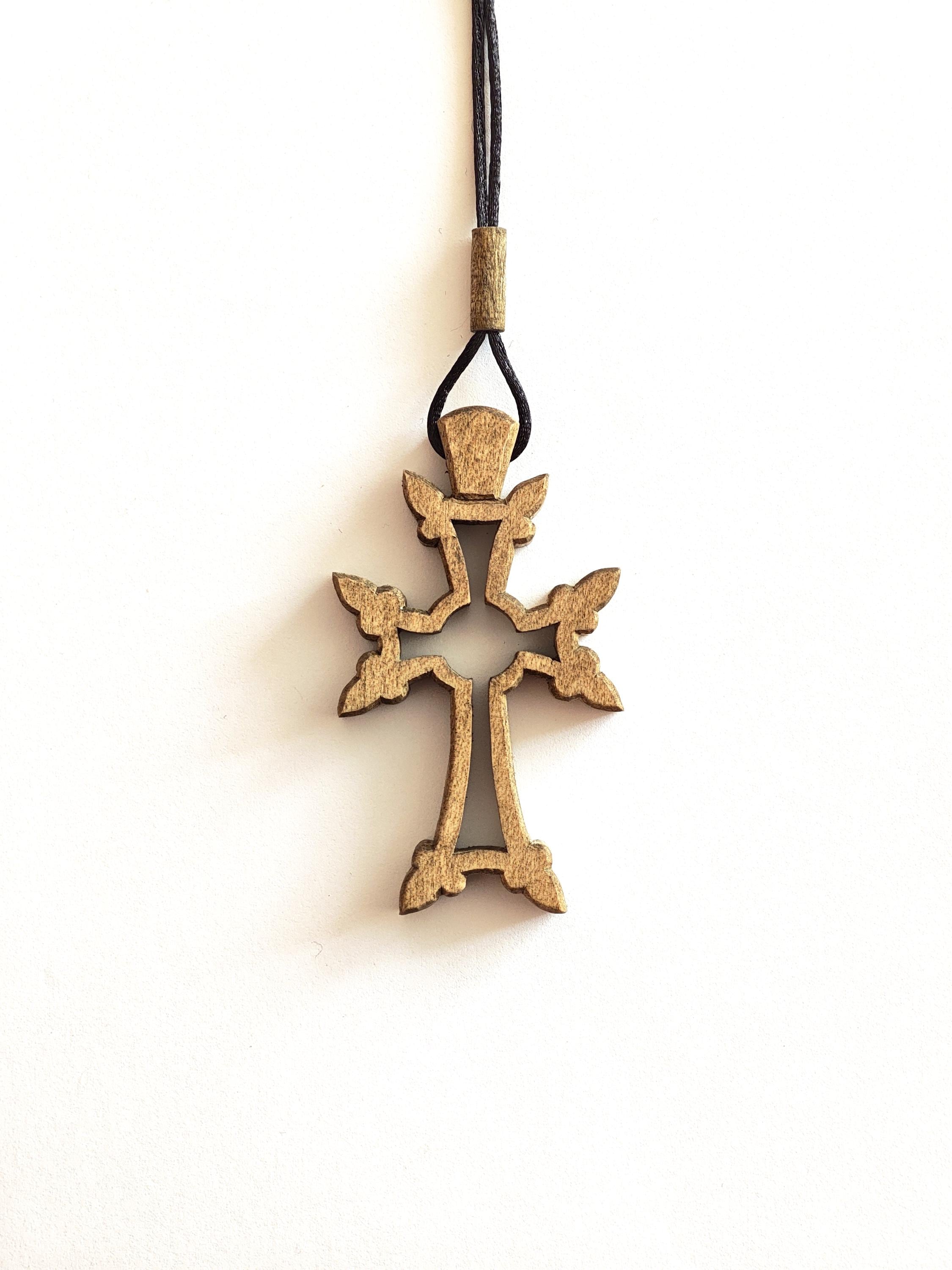 Handmade Walnut Wood Orthodox Car Cross – Armenian Style Christian Travel Charm