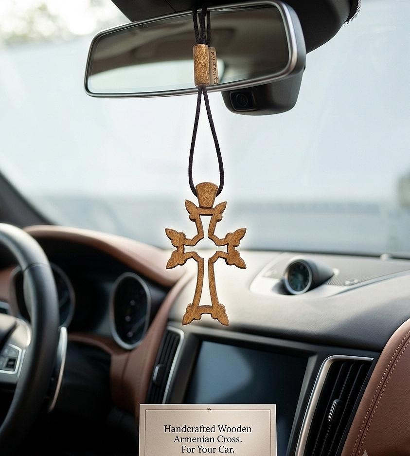 Handmade Walnut Wood Orthodox Car Cross – Armenian Style Christian Travel Charm