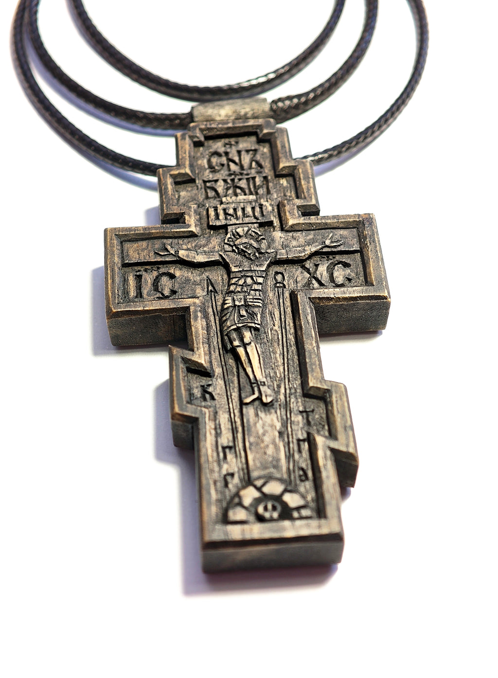 Handmade Walnut Wood Orthodox Cross Necklace with Cord