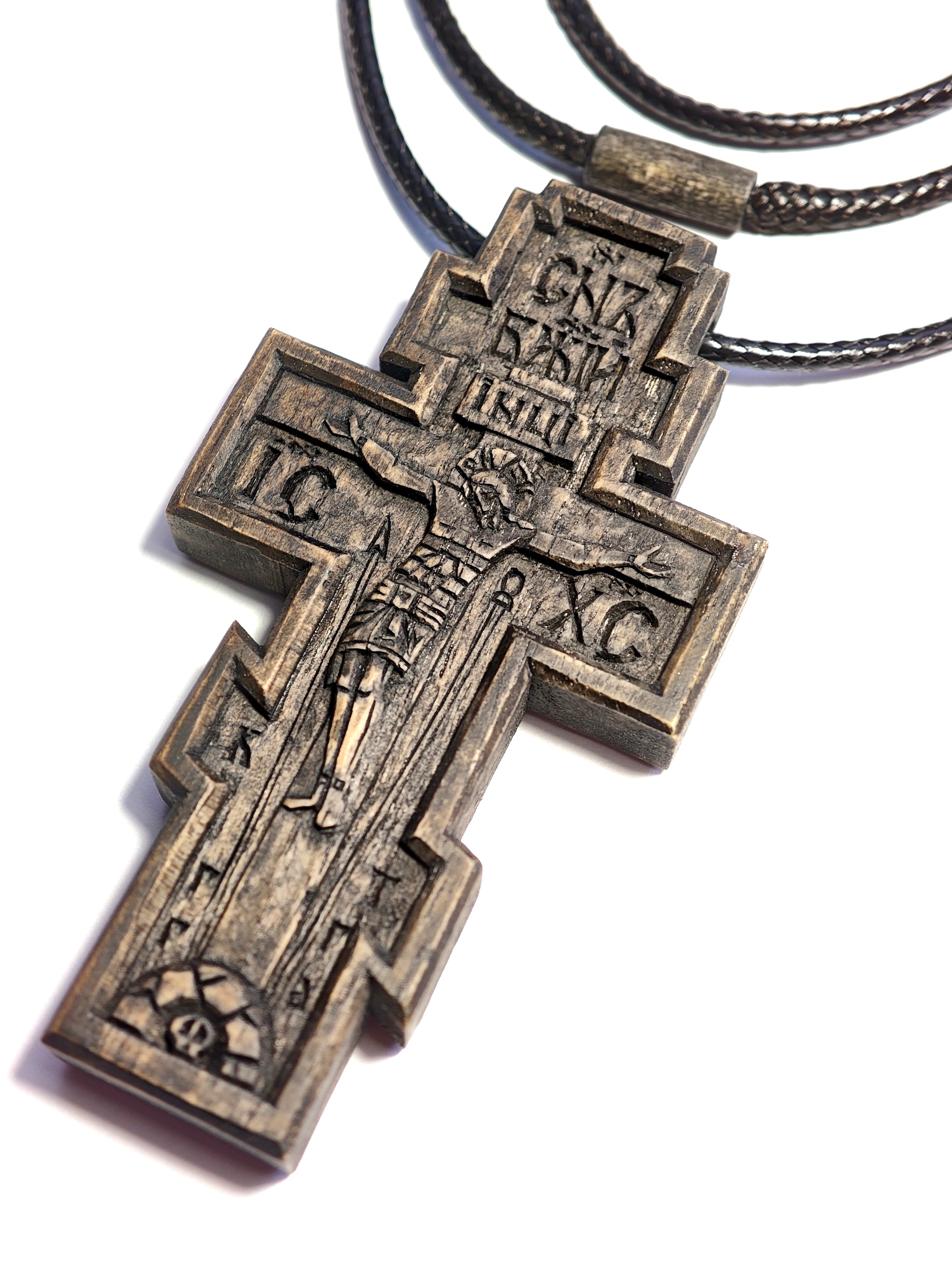 Handmade Walnut Wood Orthodox Cross Necklace with Cord