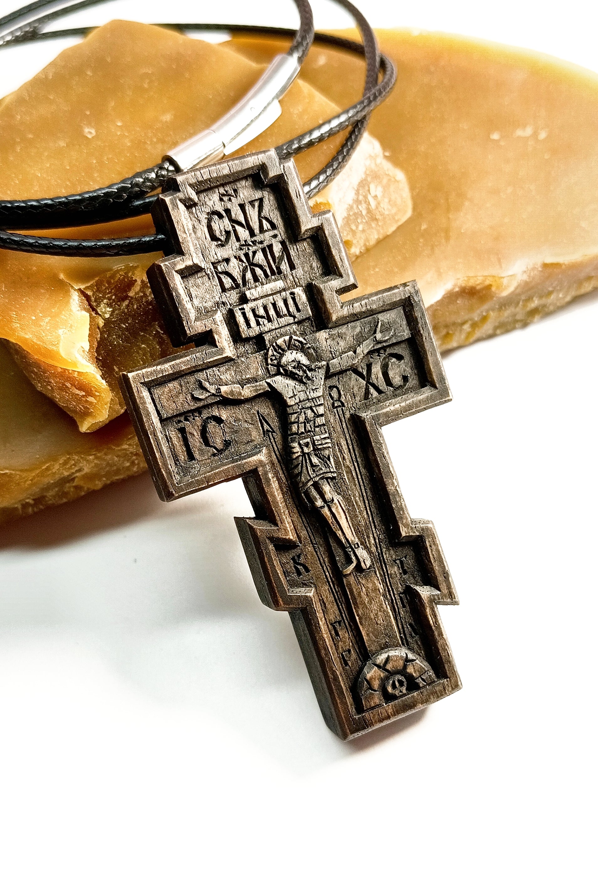 Handmade Walnut Wood Orthodox Cross Necklace with Cord