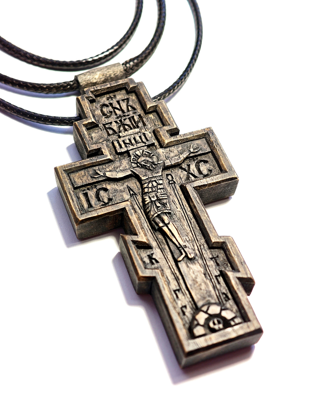 Handmade Walnut Wood Orthodox Cross Necklace with Cord