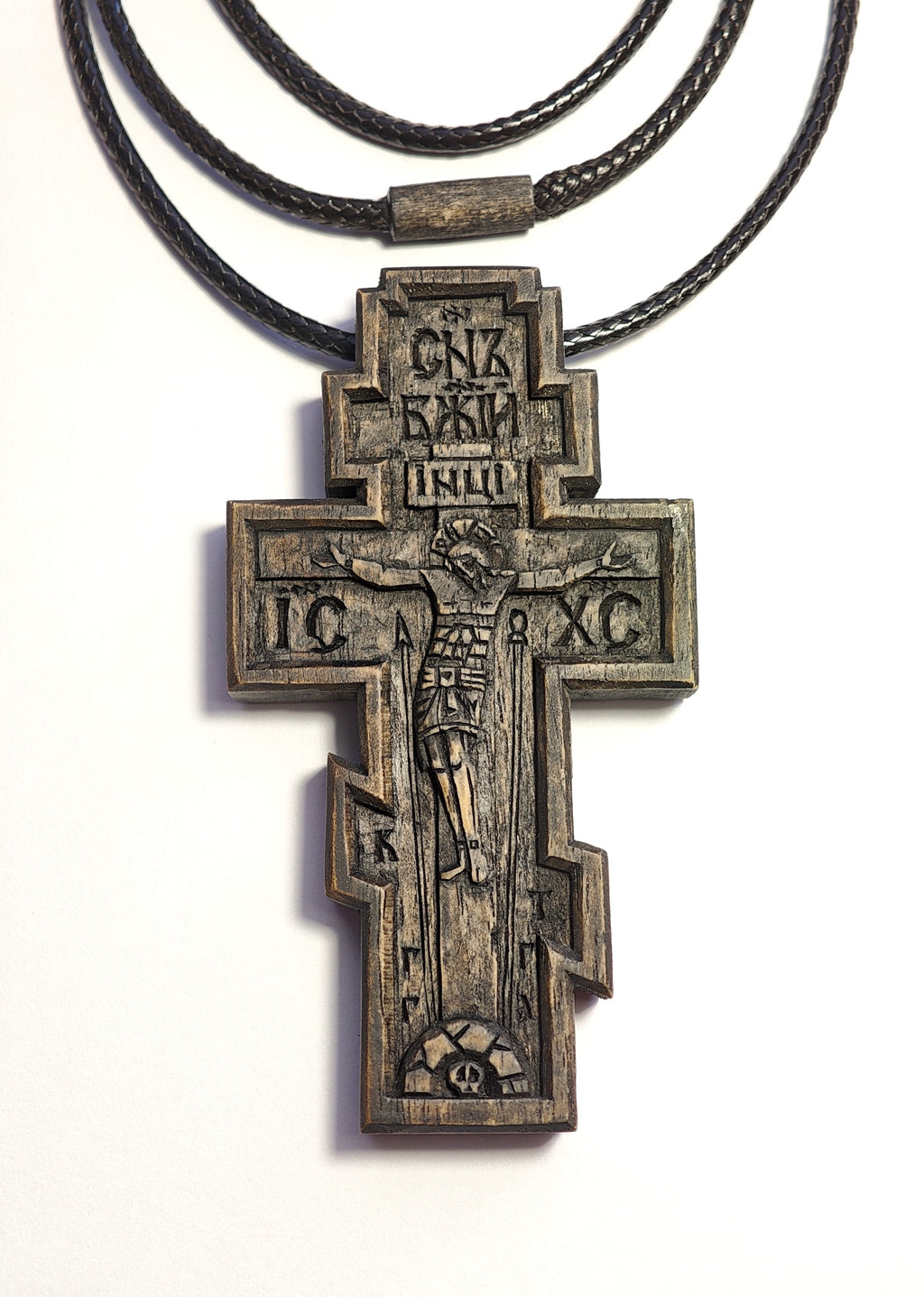 Handmade Walnut Wood Orthodox Cross Necklace with Cord